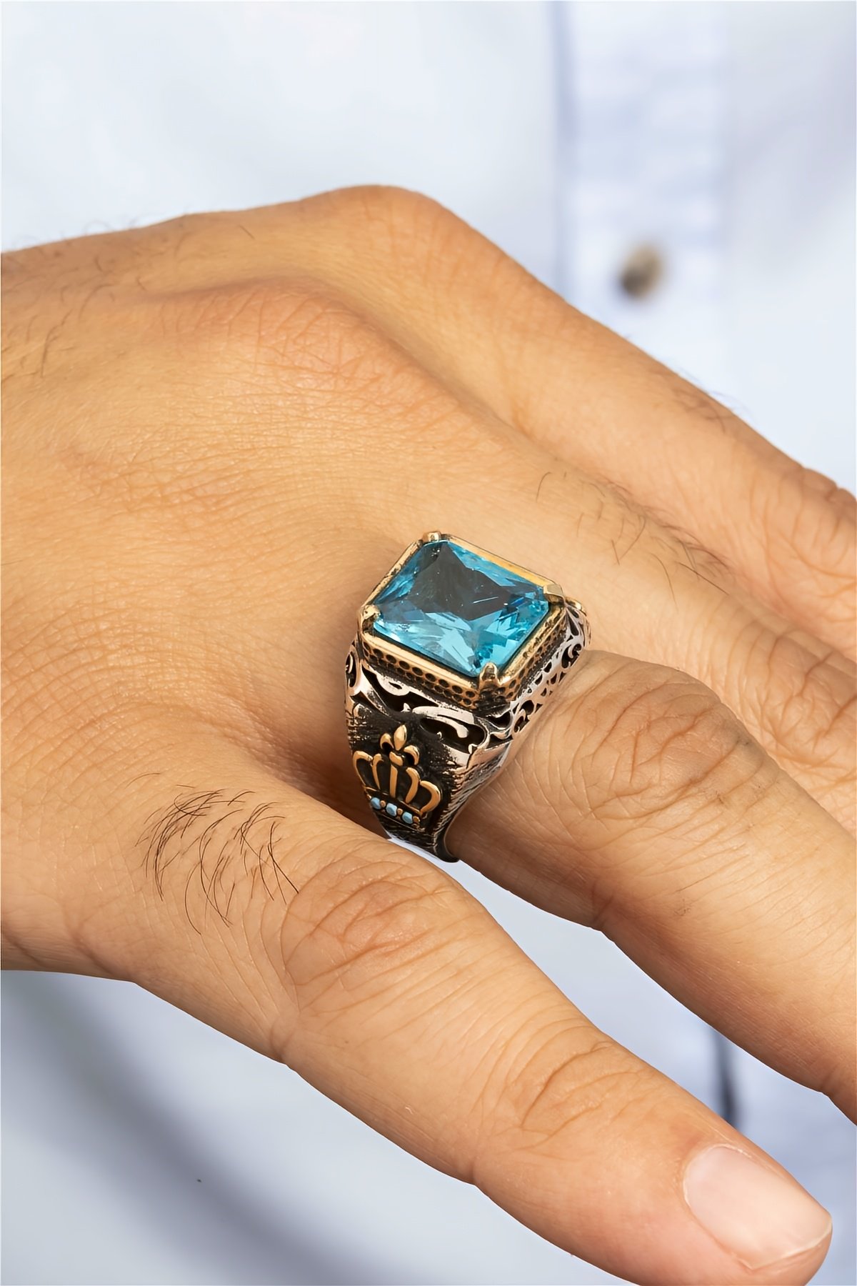 Aqua ve Firuze Taşlı Taç Figürlü Otantik Gümüş Erkek Yüzük