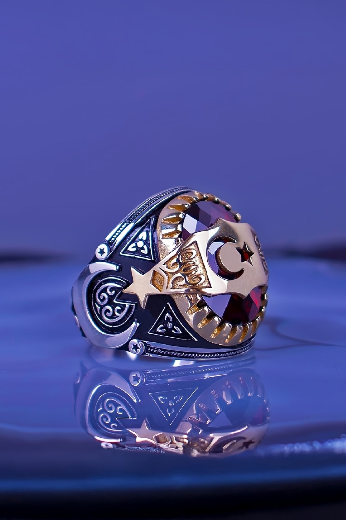 Ayyıldızlı Faset Taşlı 925 Ayar Gümüş Erkek Yüzük