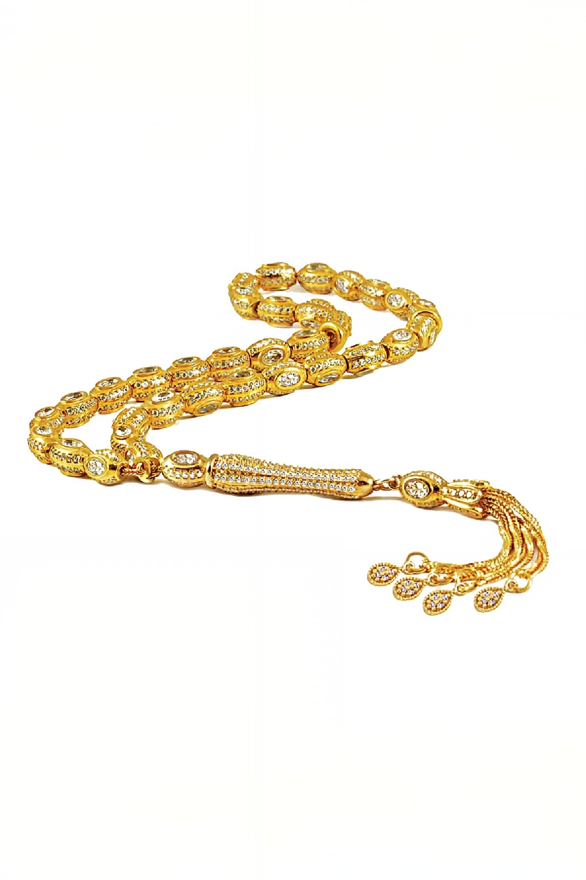 Beyaz Zirkon Taşlı Altın Renk Gümüş Tesbih