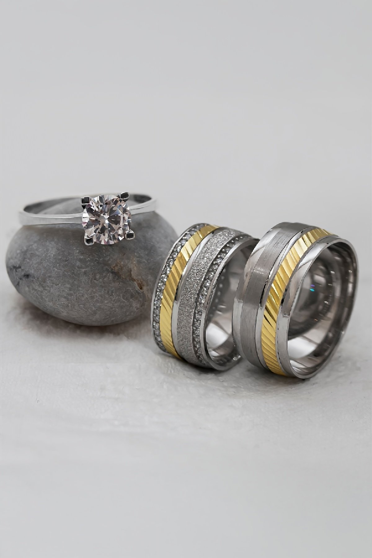 Brose Desenli Altın Renk Geçişli Çift Gümüş Alyans (Tektaş Hediyeli)