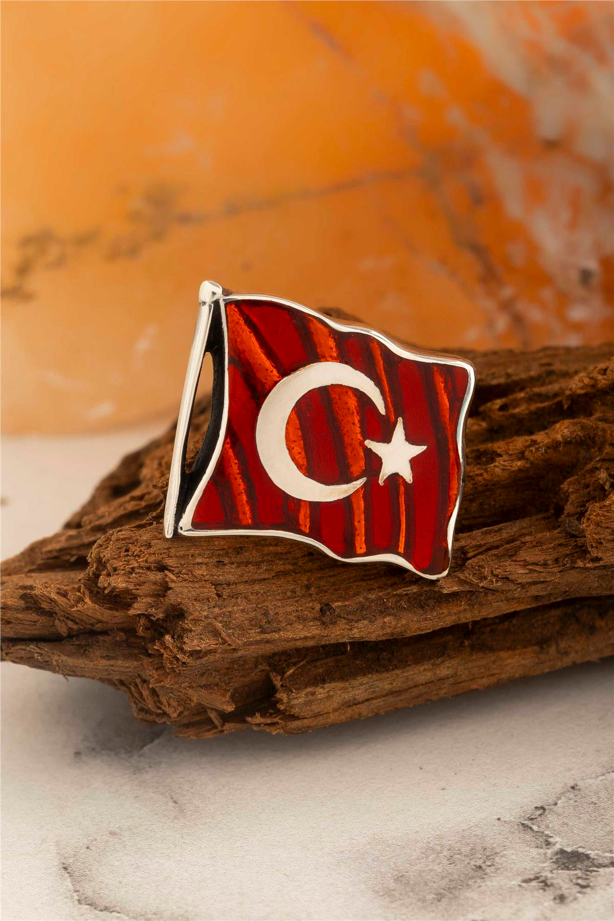 Büyük Boy Mineli Türk Bayrağı Gümüş Rozet