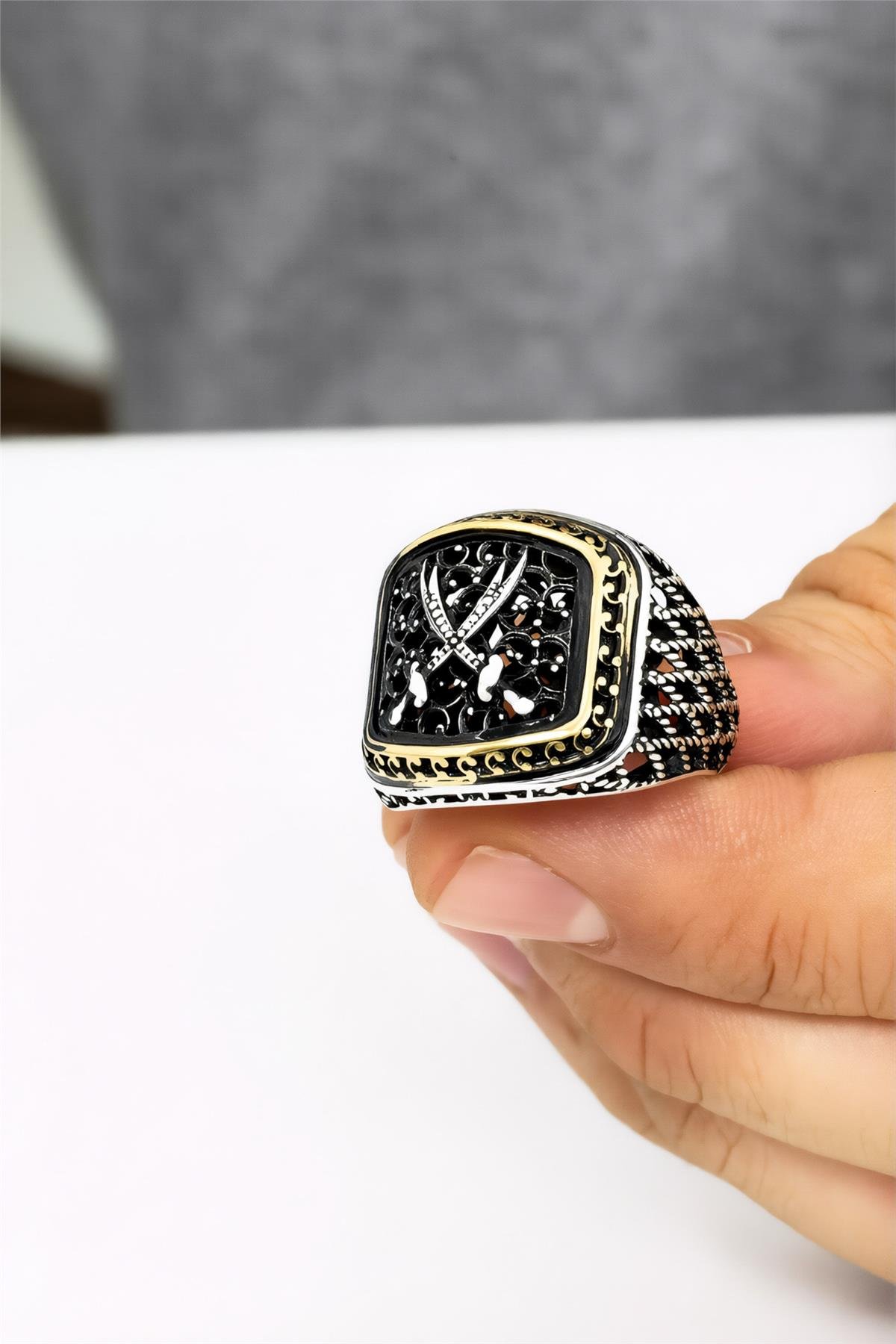 Çift Kılıç Zülfikar Telkari Desenli 925 Ayar Gümüş Erkek Yüzük