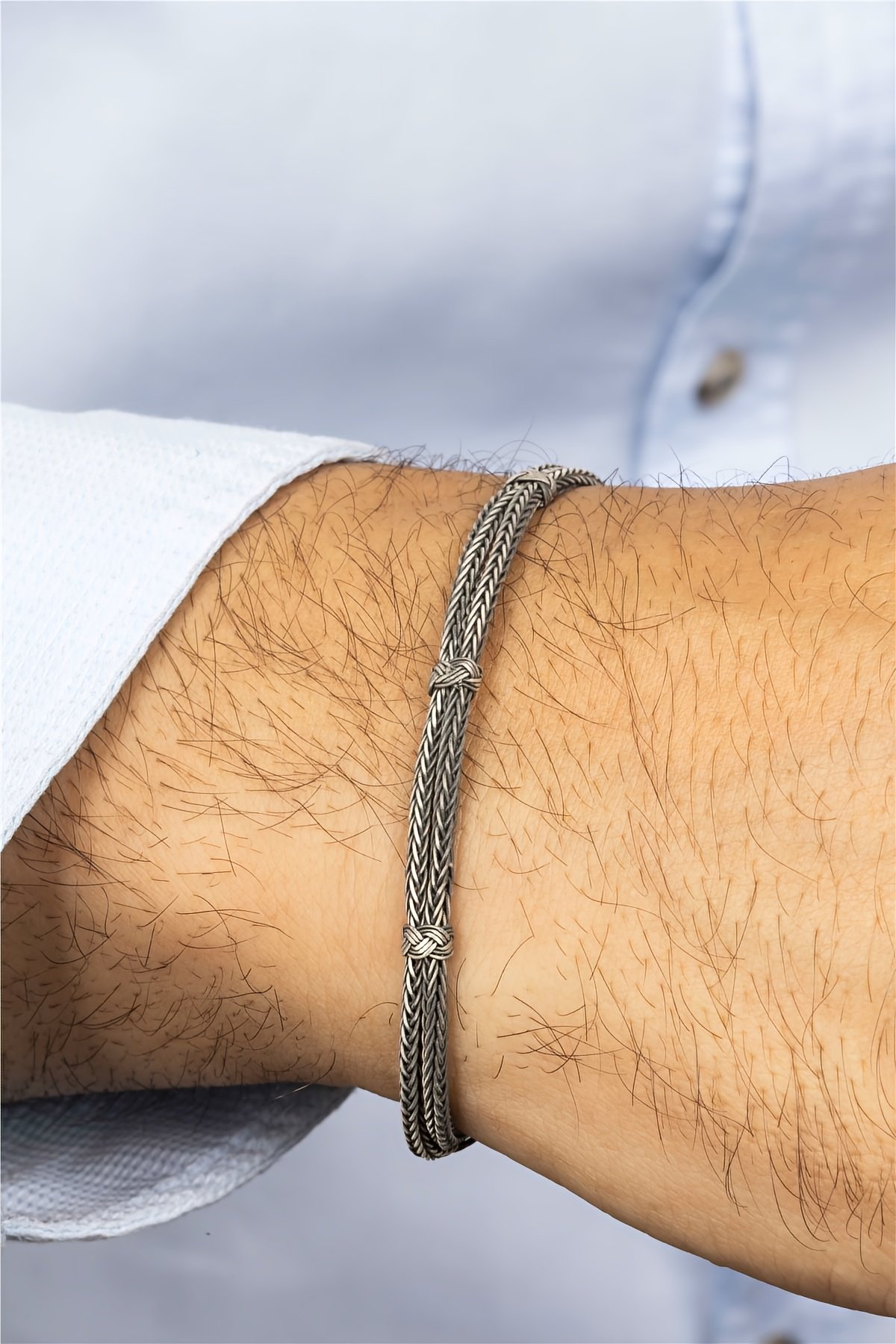 Çift Sıra Düğümlü Hasır Gümüş Erkek Bileklik