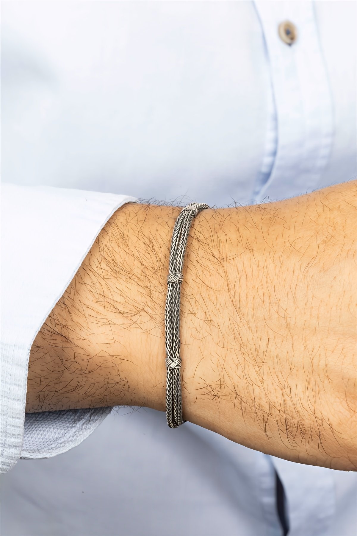 Çift Sıra Düğümlü Hasır Gümüş Erkek Bileklik