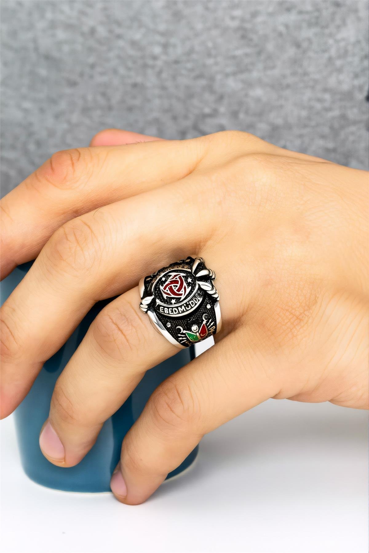 Devleti Ebed Müddet Yazılı Mineli 925 Ayar Gümüş Erkek Yüzük