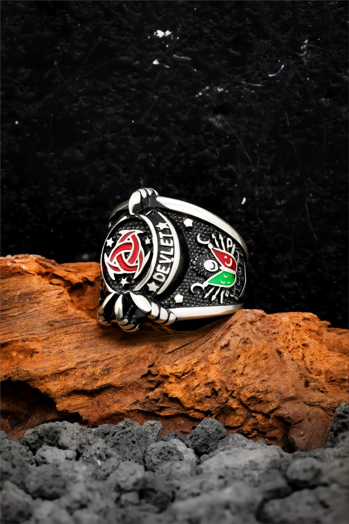 Devleti Ebed Müddet Yazılı Mineli 925 Ayar Gümüş Erkek Yüzük