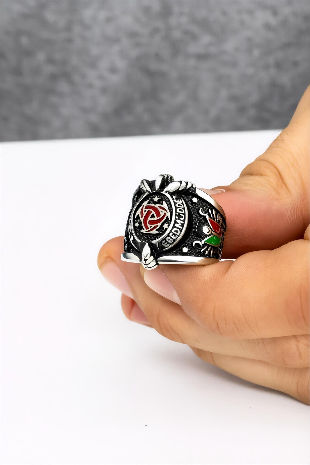 Devleti Ebed Müddet Yazılı Mineli 925 Ayar Gümüş Erkek Yüzük