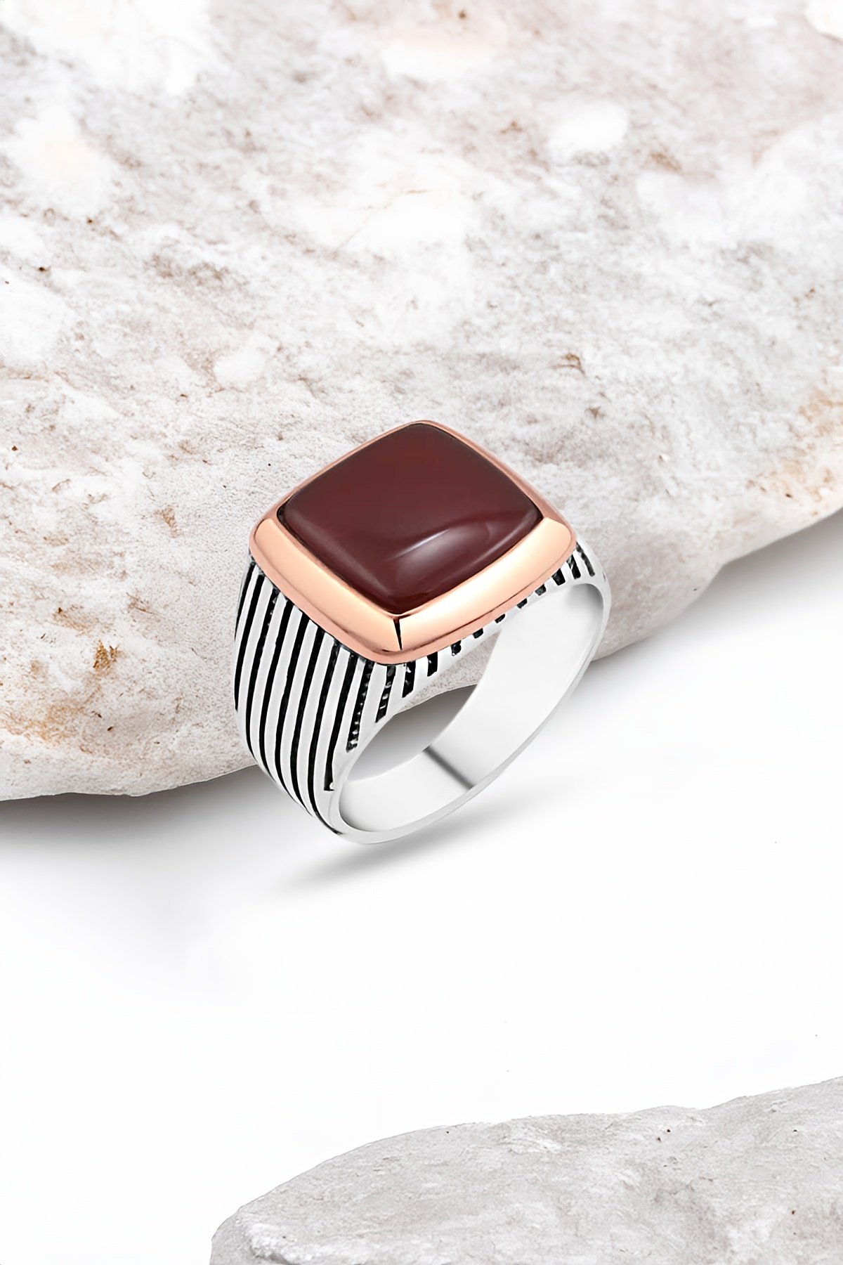 Düz Akik Taşlı Gümüş Erkek Yüzük