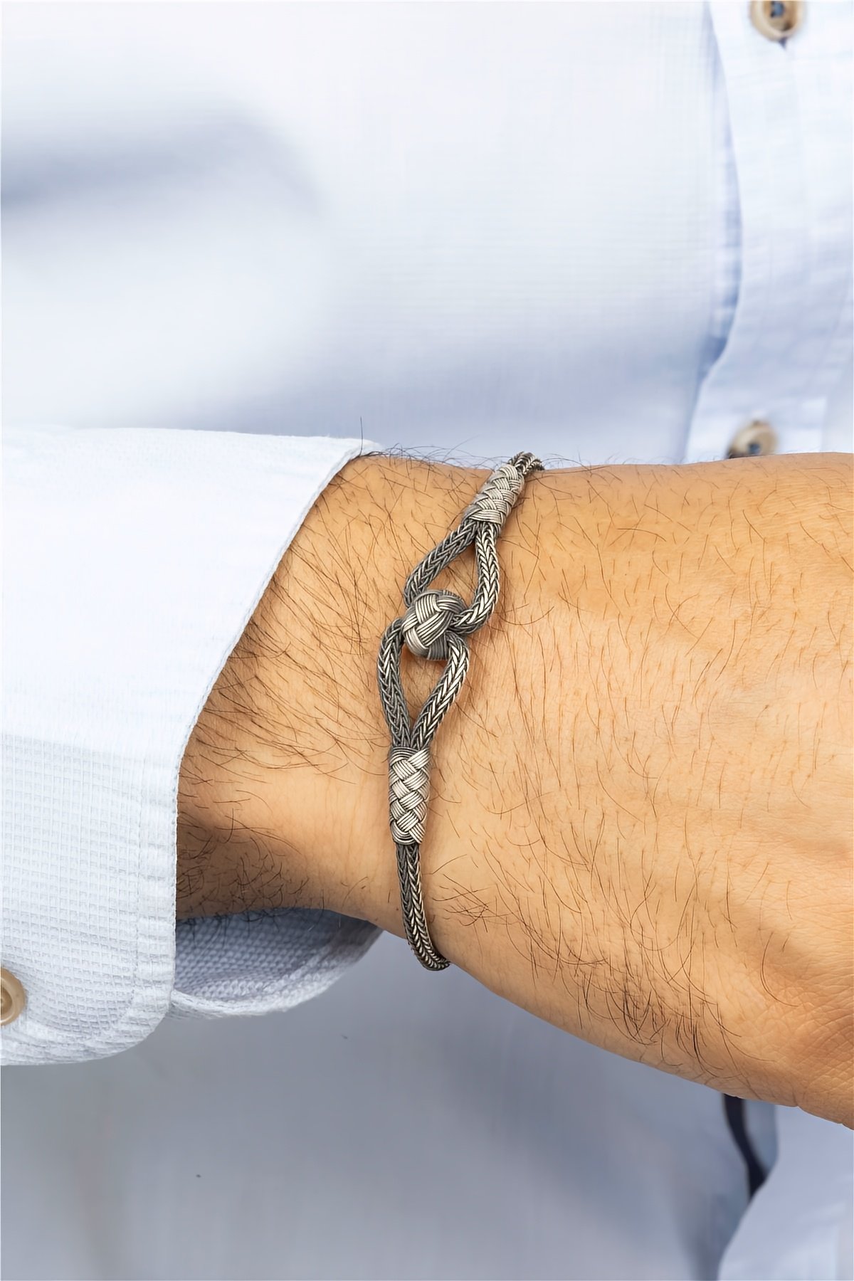 El İşi Çift Düğüm Örgü Model Gümüş Erkek Bileklik