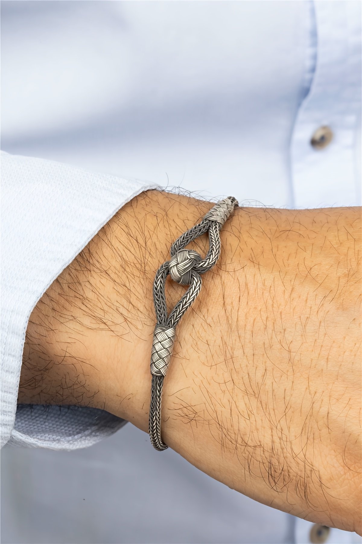 El İşi Çift Düğüm Örgü Model Gümüş Erkek Bileklik