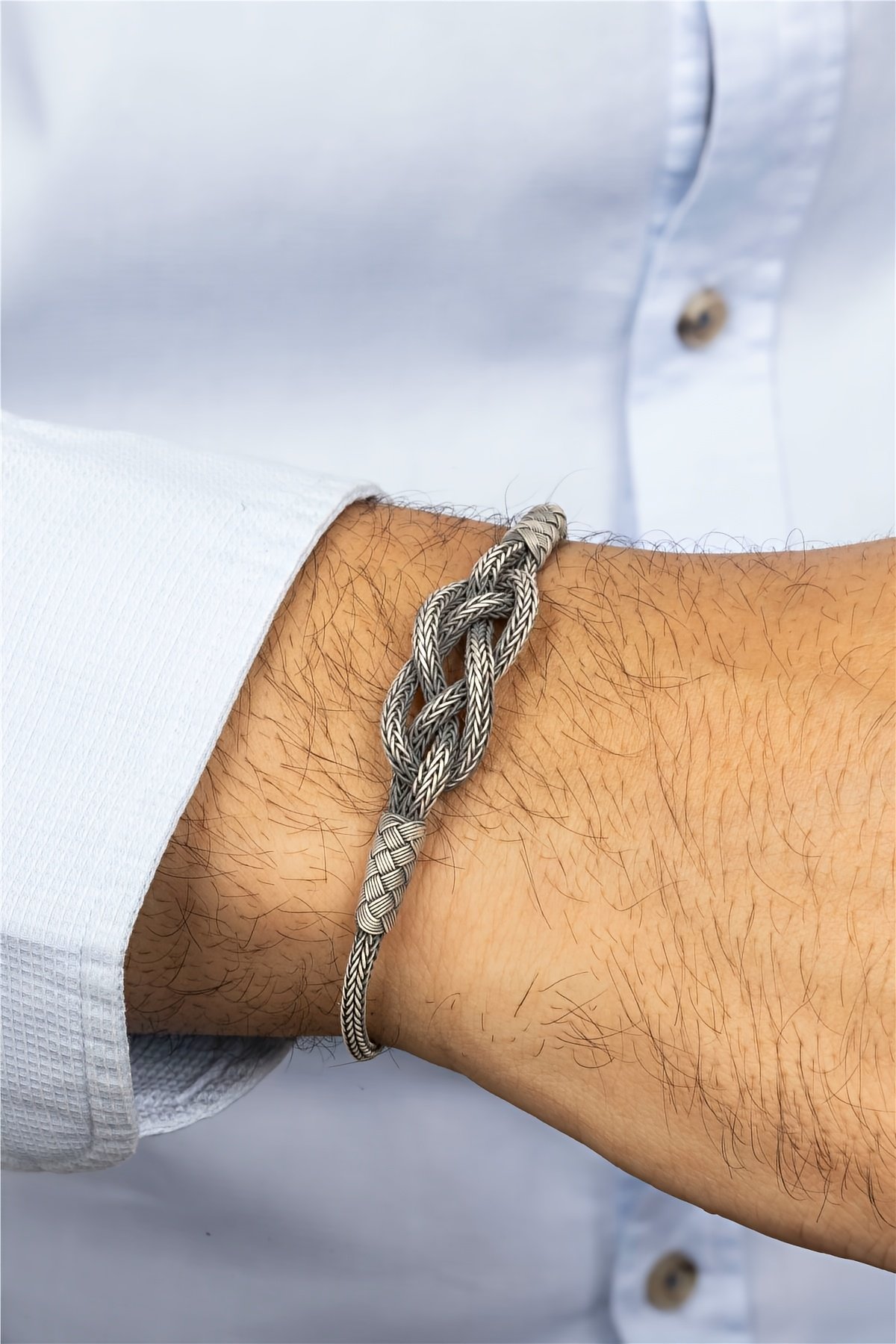 El İşi Düğüm Örgülü Hasır Gümüş Erkek Bileklik