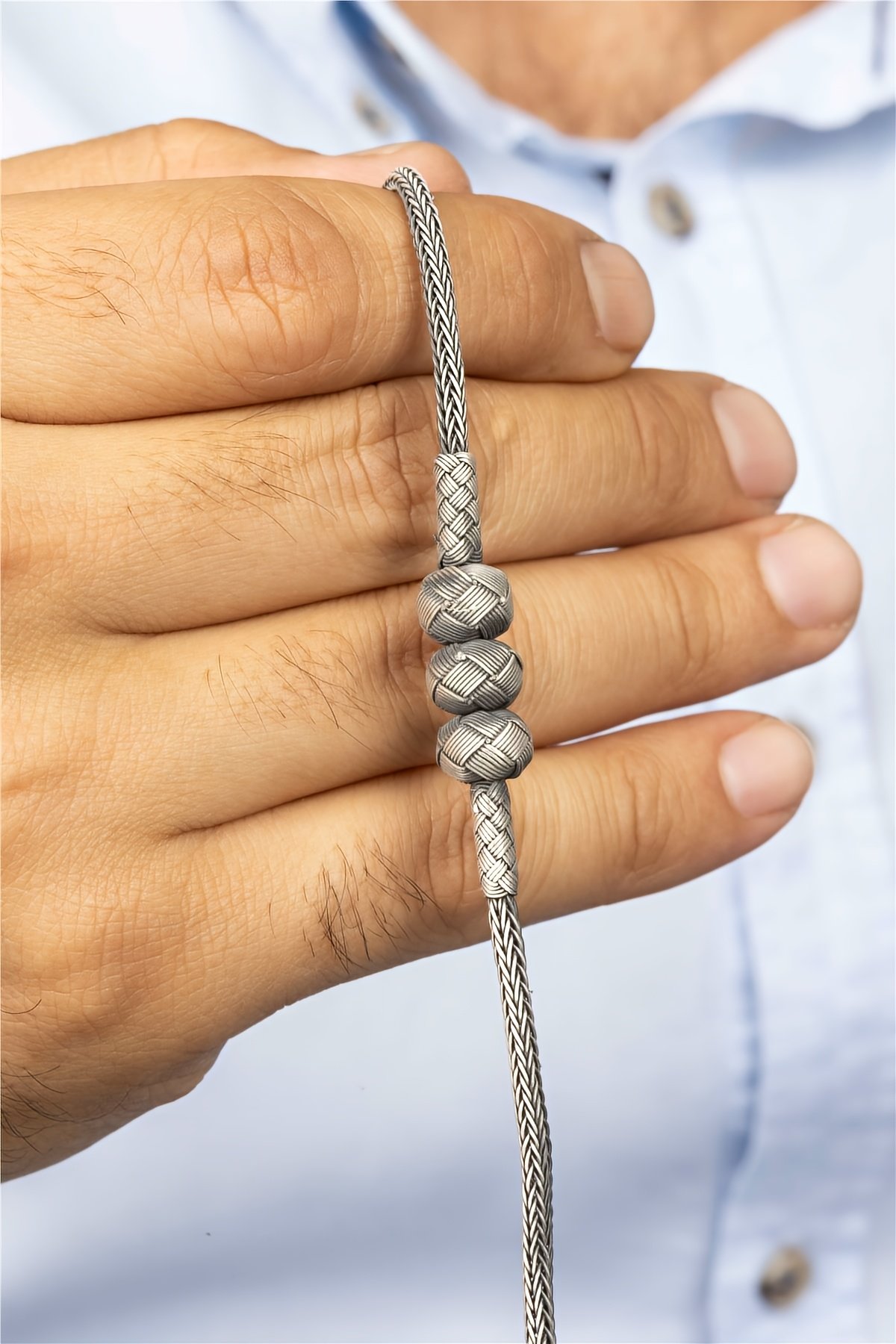 El İşi Örgülü Toplu Hasır Gümüş Erkek Bileklik