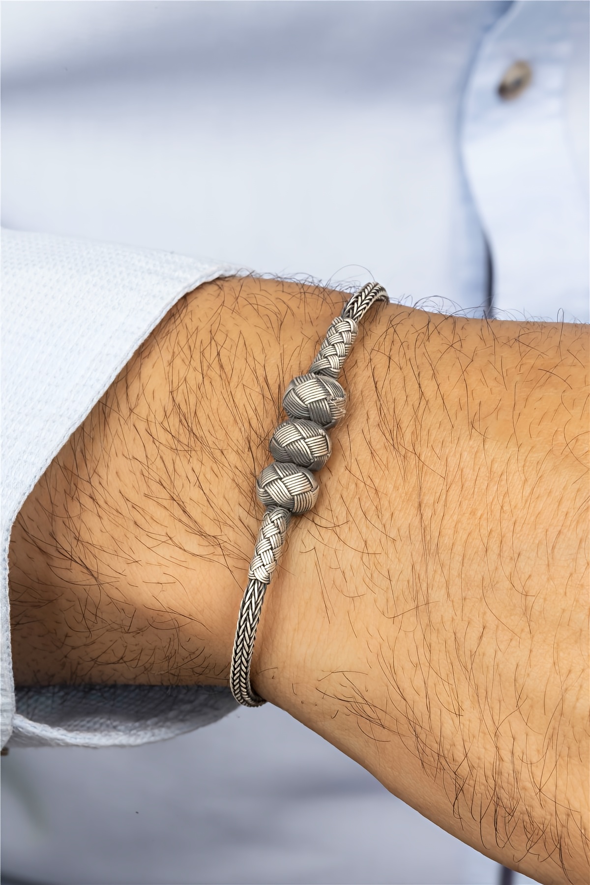 El İşi Örgülü Toplu Hasır Gümüş Erkek Bileklik
