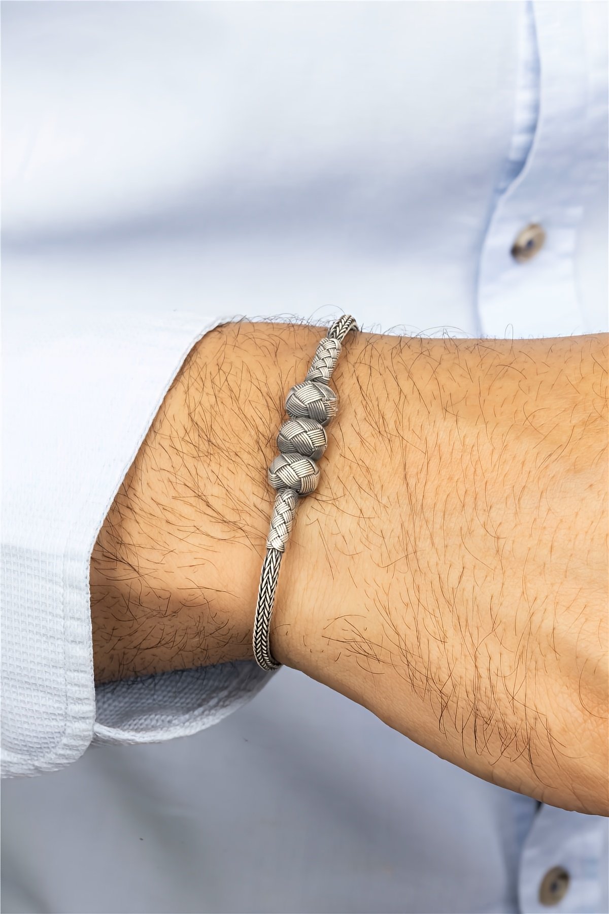 El İşi Örgülü Toplu Hasır Gümüş Erkek Bileklik