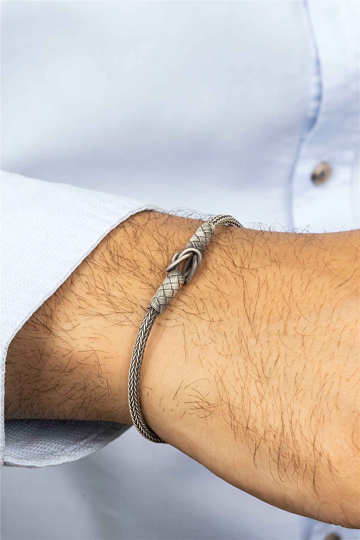 El İşi Sık Düğümlü Örgü Tasarım Gümüş Erkek Bileklik