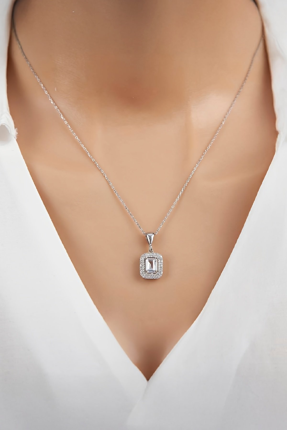 Full Zirkon Taşlı Rodyumlu Gümüş Bayan Kolye