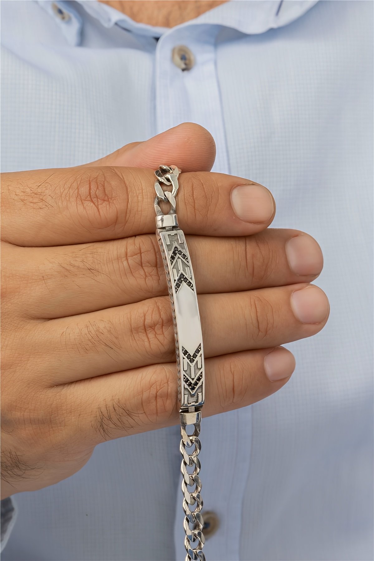 Geometrik Desenli Plaka Tasarım Gümüş Erkek Bileklik