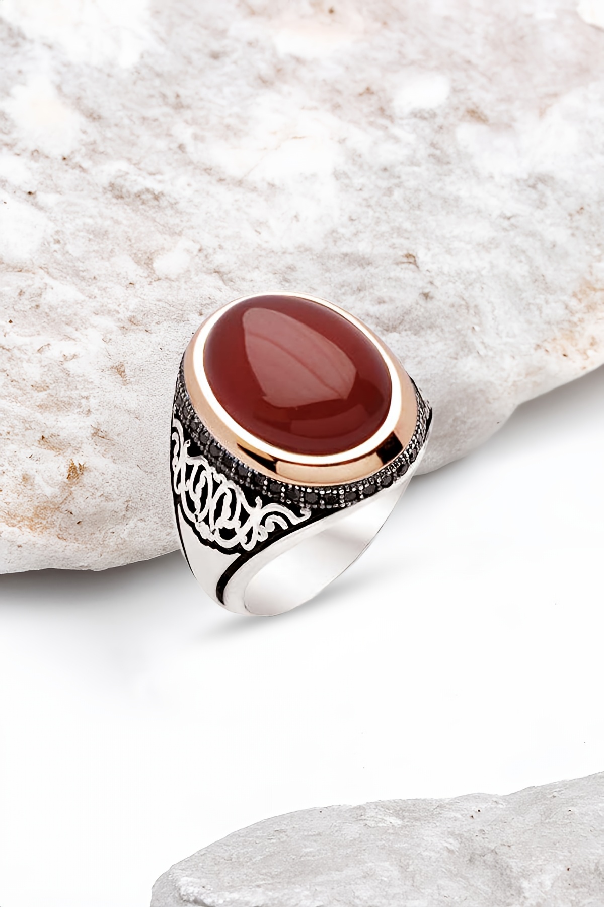 Gümüş Akik Kapşon Taşlı Erkek Yüzük