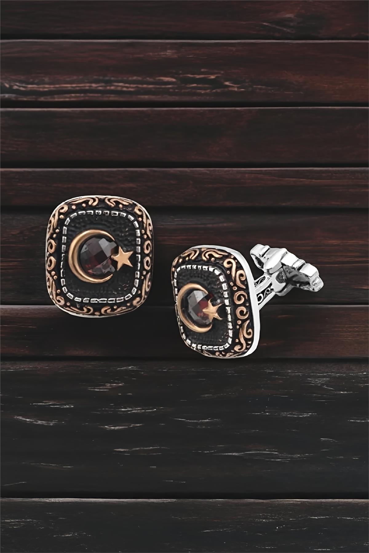 Gümüş Ay Yıldızlı Zirkon Taşlı Kol Düğmesi