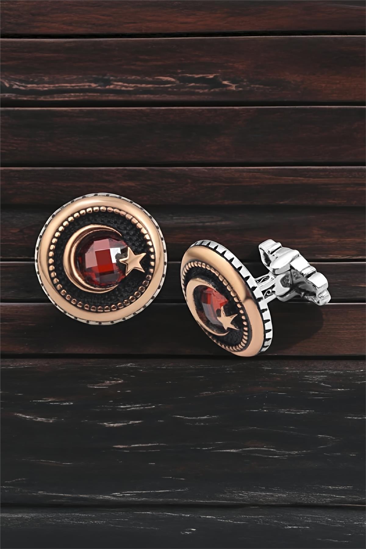 Gümüş Ay Yıldızlı Zirkon Taşlı Kol Düğmesi