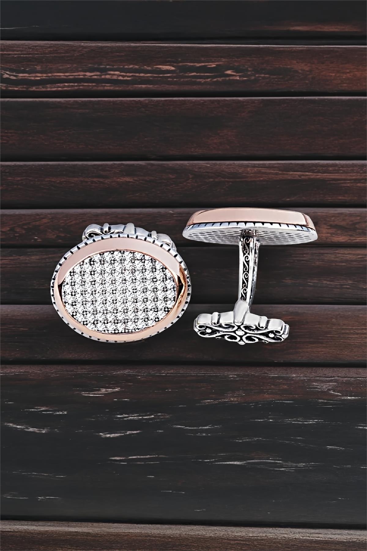 Gümüş Beyaz Zirkon Taşlı Oval Kol Düğmesi