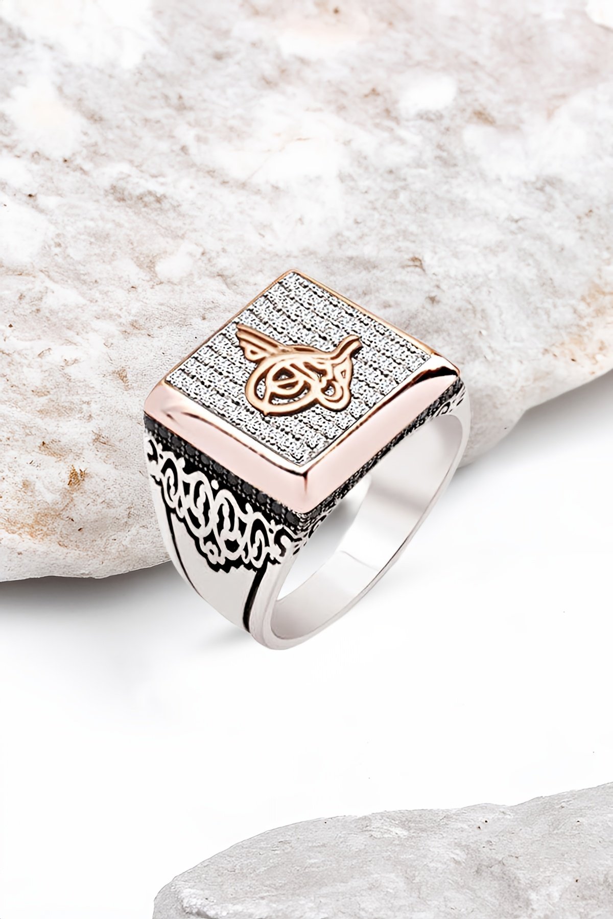 Gümüş Beyaz Zirkon Taşlı Tuğra Erkek Yüzük