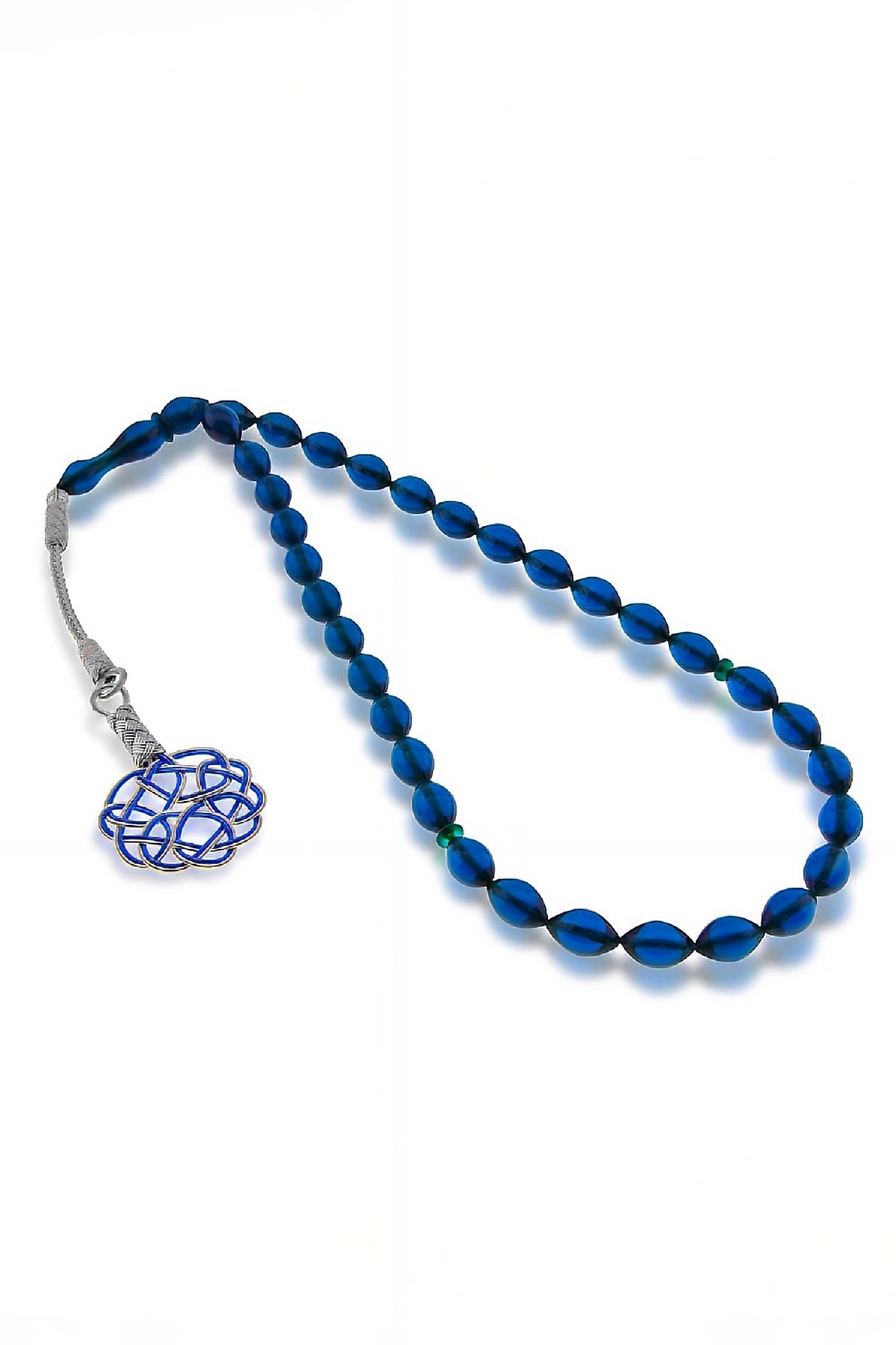 Gümüş El İşi Kazaz Püsküllü Mavi Sıkma Kehribar Tesbih