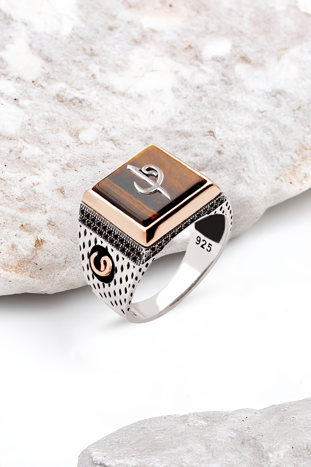 Gümüş Elif Vav Temalı Erkek Yüzük