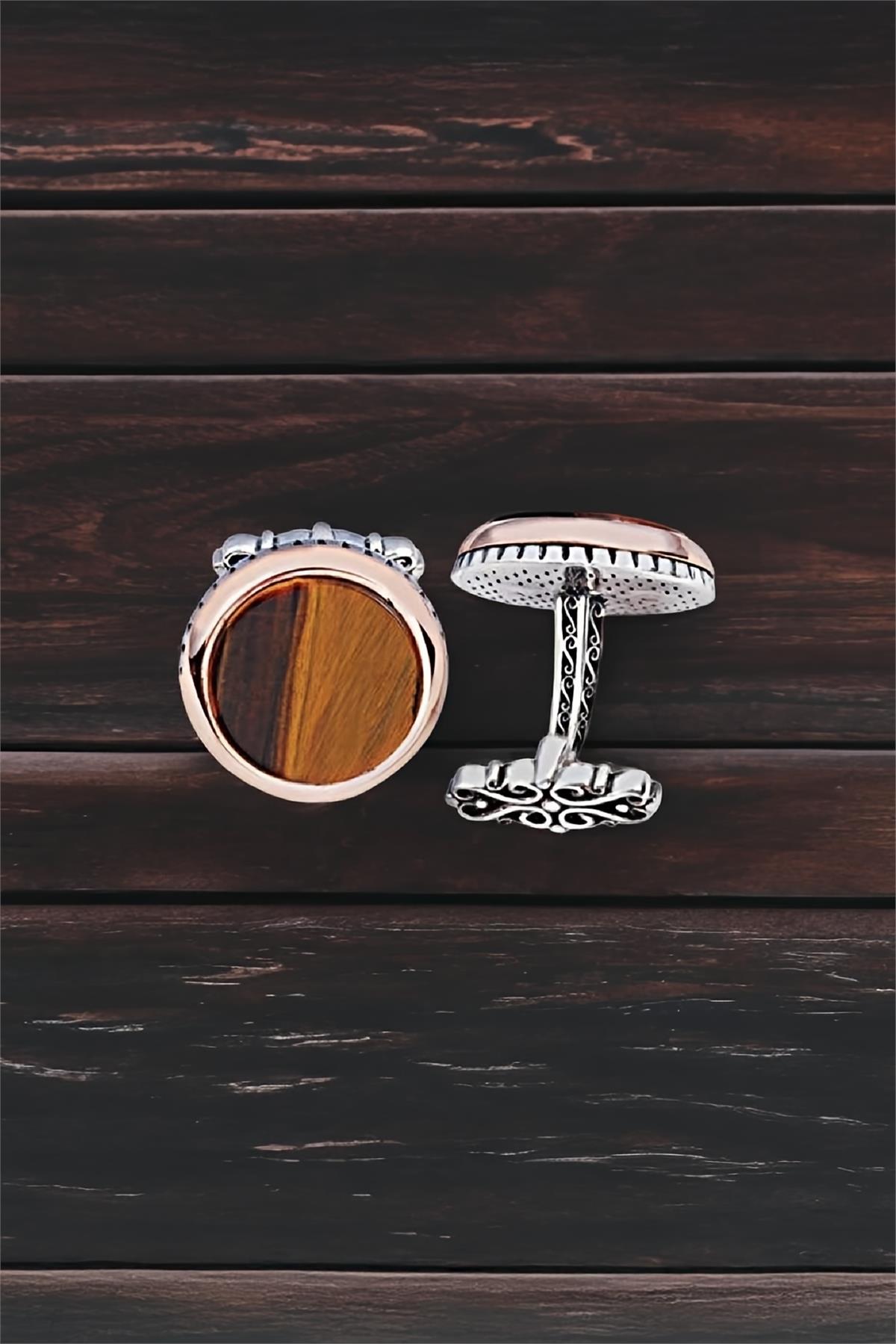 Gümüş Kaplan Gözü Taşlı Düz Yuvarlak Kol Düğmesi