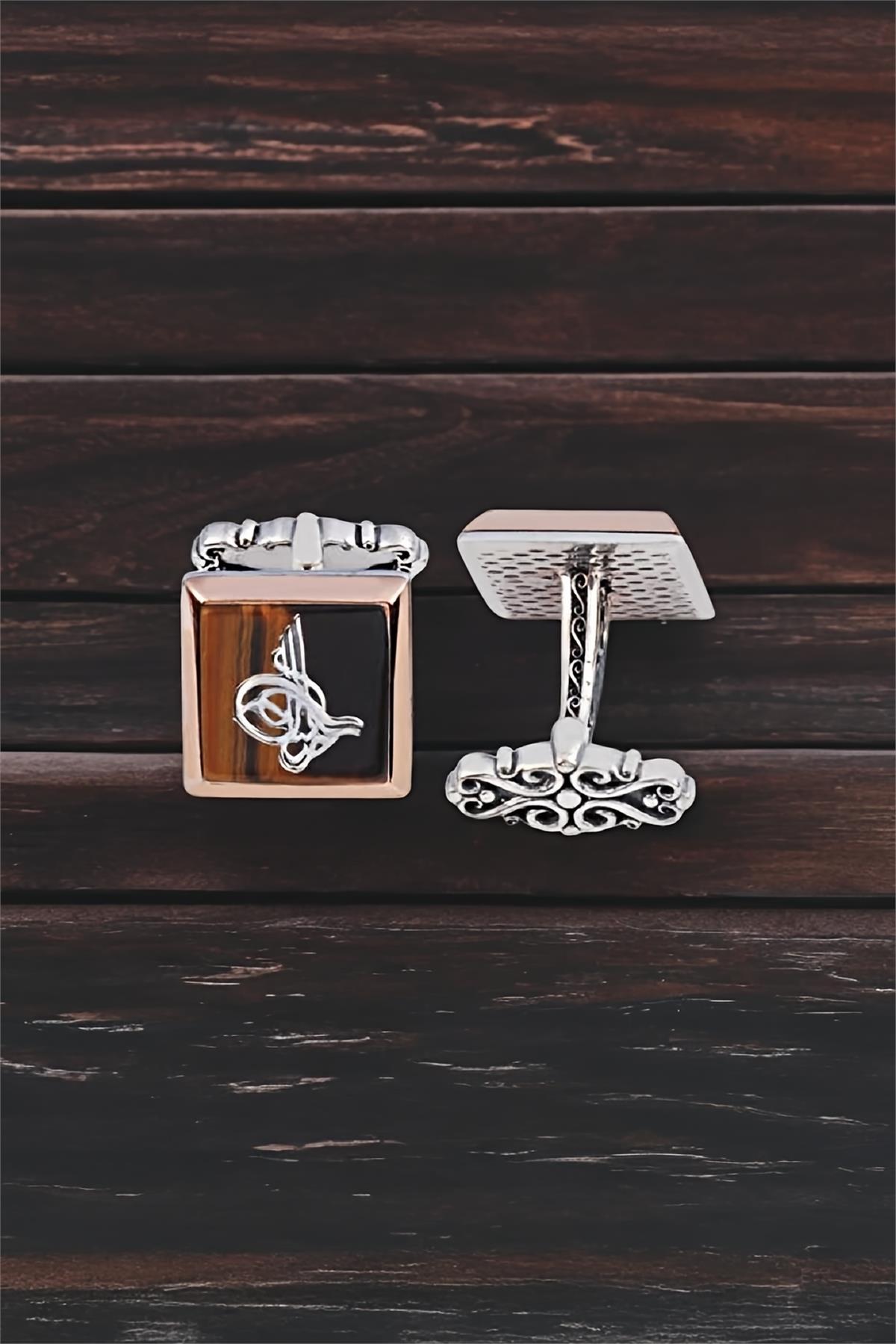 Gümüş Kaplan Gözü Taşlı Tuğralı Kol Düğmesi