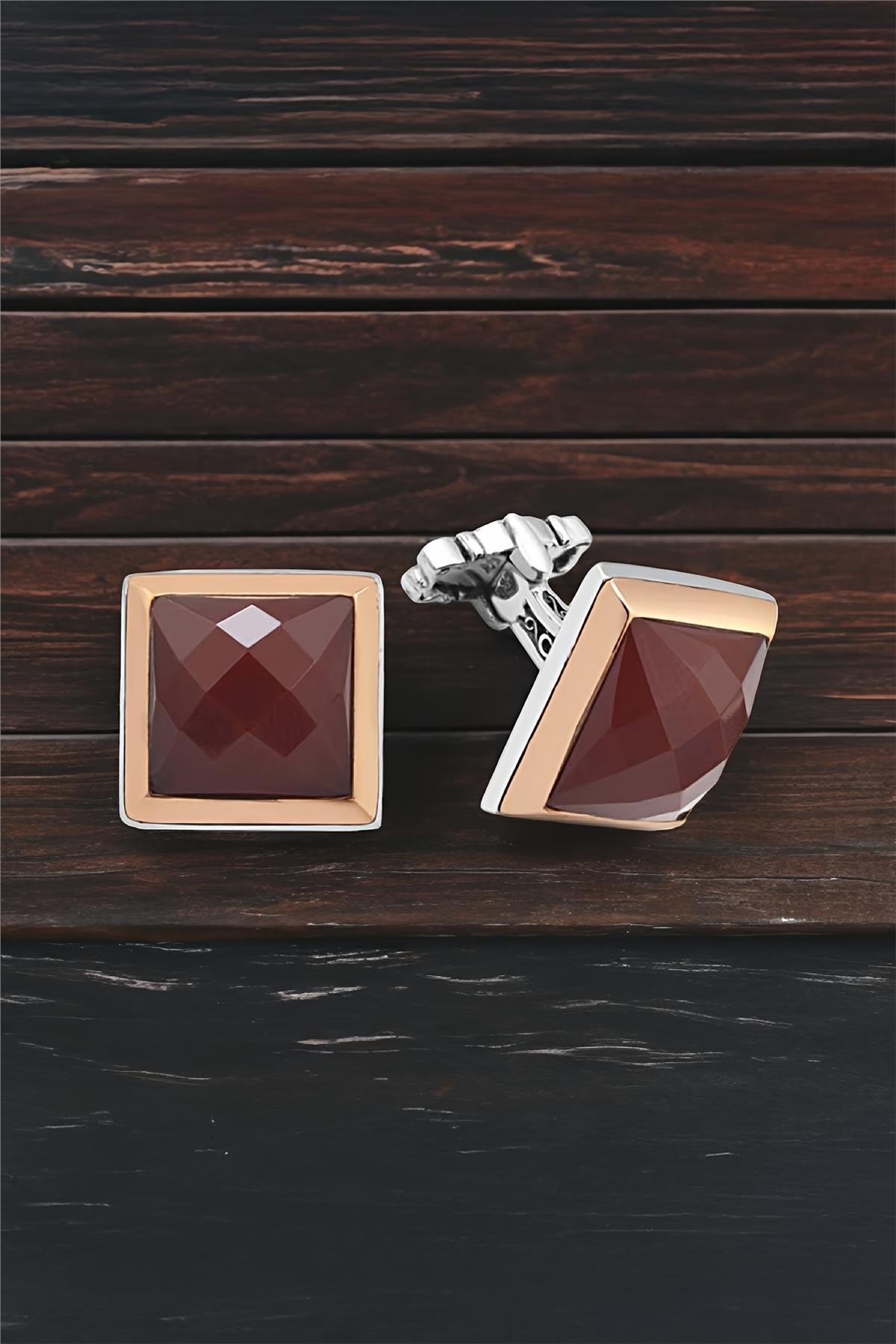 Gümüş Kırmızı Akik Kesme Taşlı Kol Düğmesi