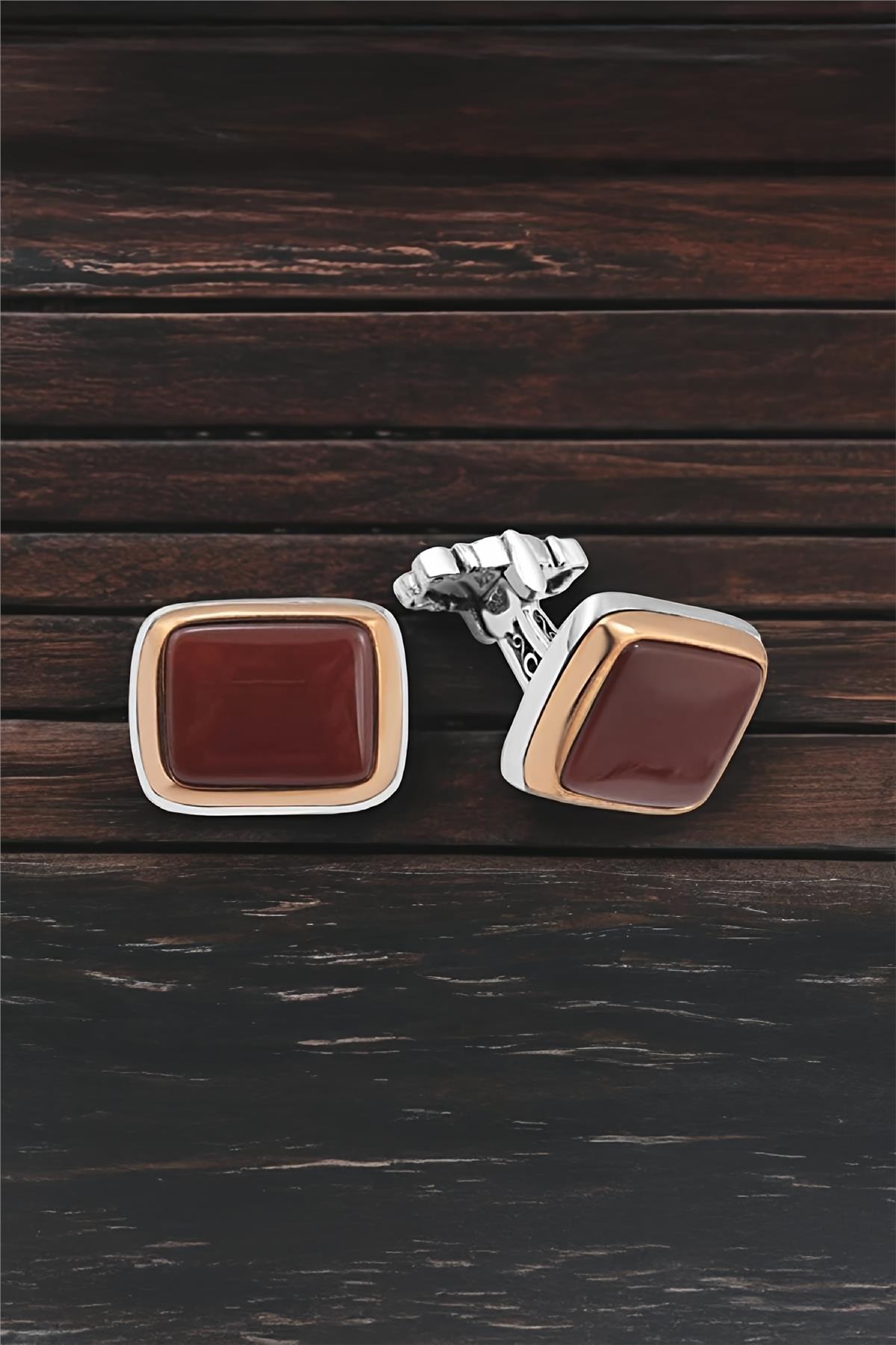 Gümüş Kırmızı Akik Taşlı Kol Düğmesi