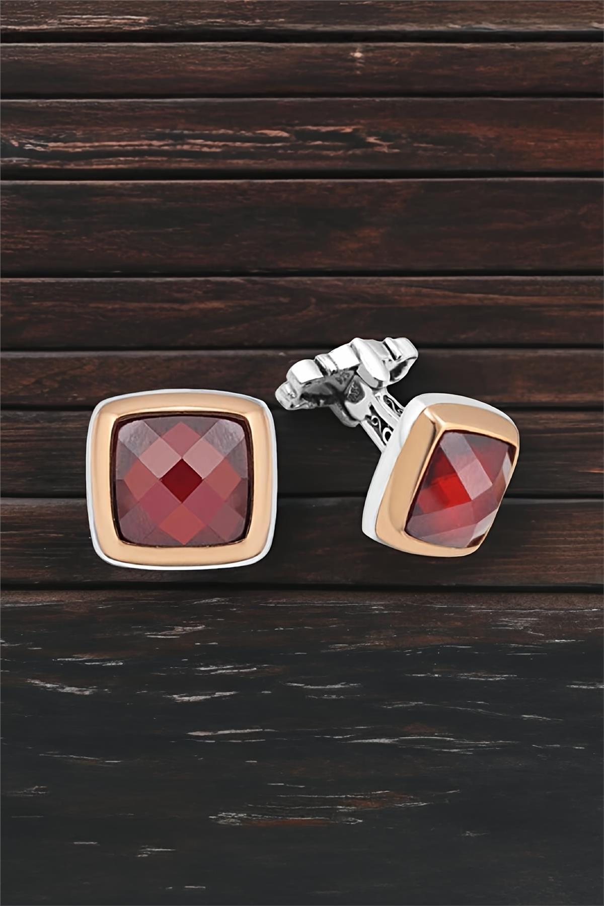 Gümüş Kırmızı Zirkon Taşlı Kol Düğmesi