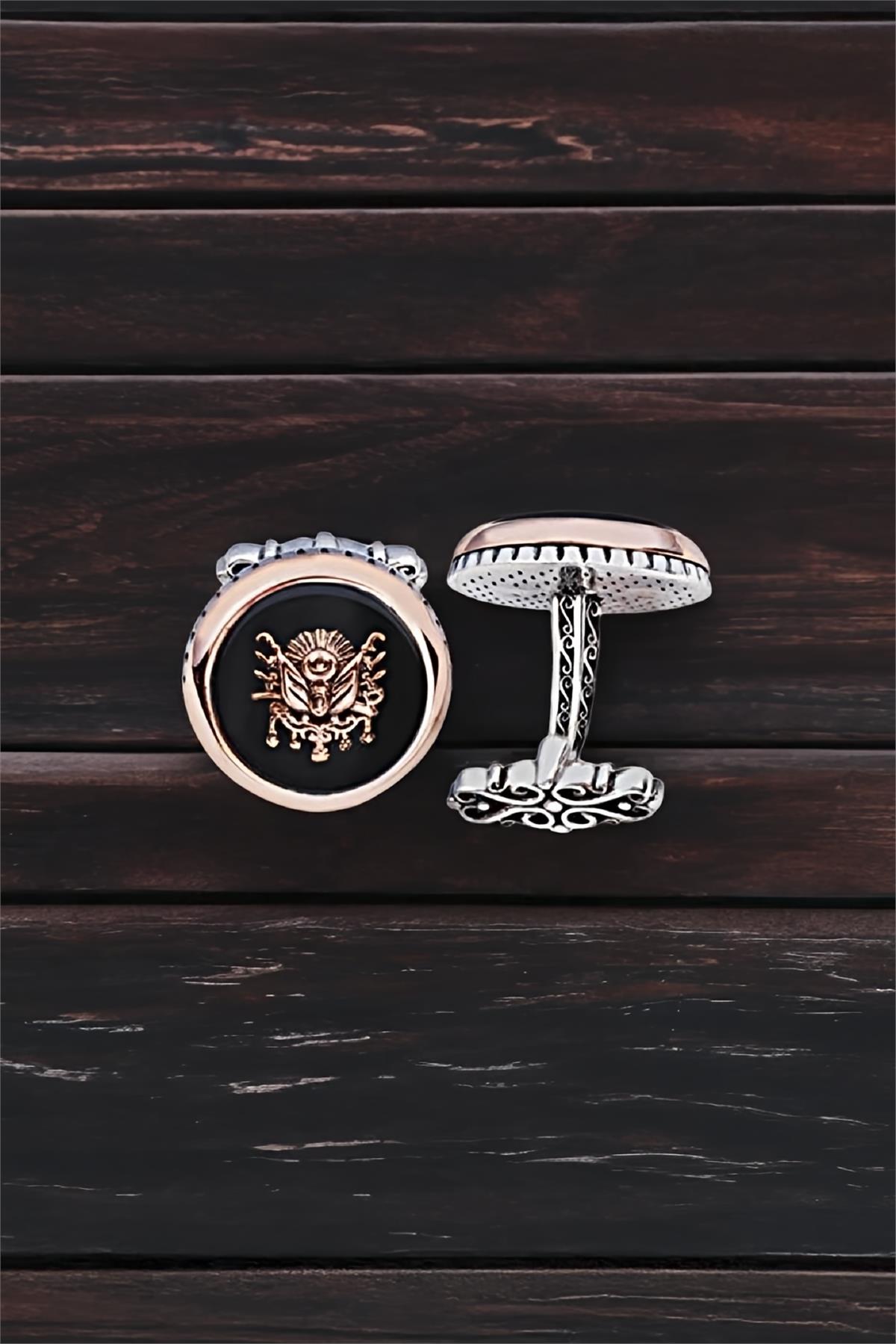 Gümüş Onix Taşlı Osmanlı Armalı Yuvarlak Model Kol Düğmesi