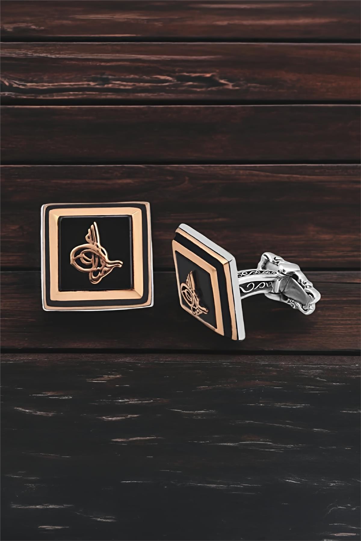 Gümüş Onix Taşlı Osmanlı Tuğralı Kol Düğmesi