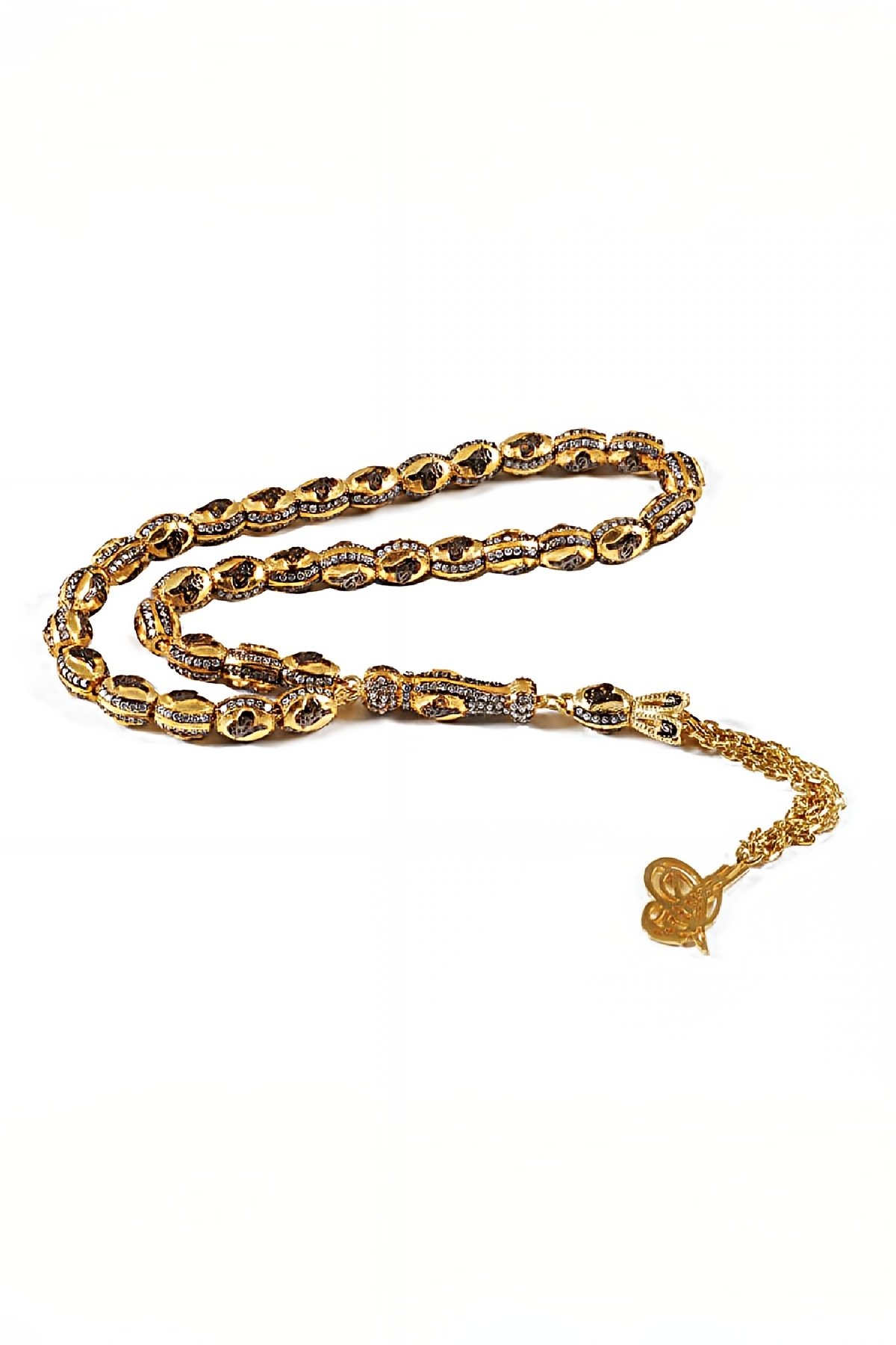 Gümüş Sarı Zirkon Üzeri Tuğralı Tesbih