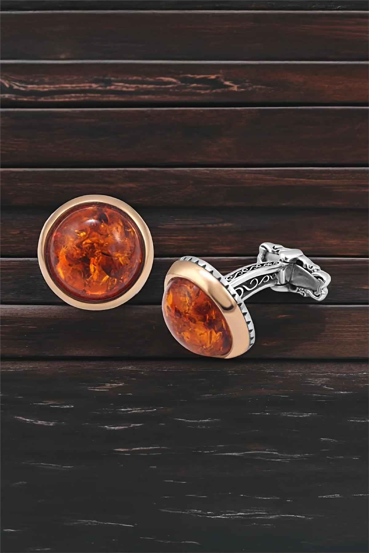 Gümüş Sentetik Kehribar Taşlı Kol Düğmesi