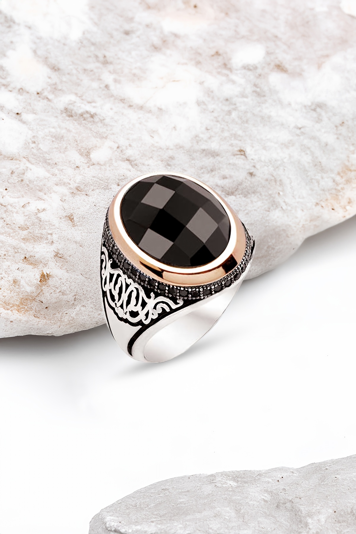 Gümüş Siyah Faset Taşlı Erkek Yüzük