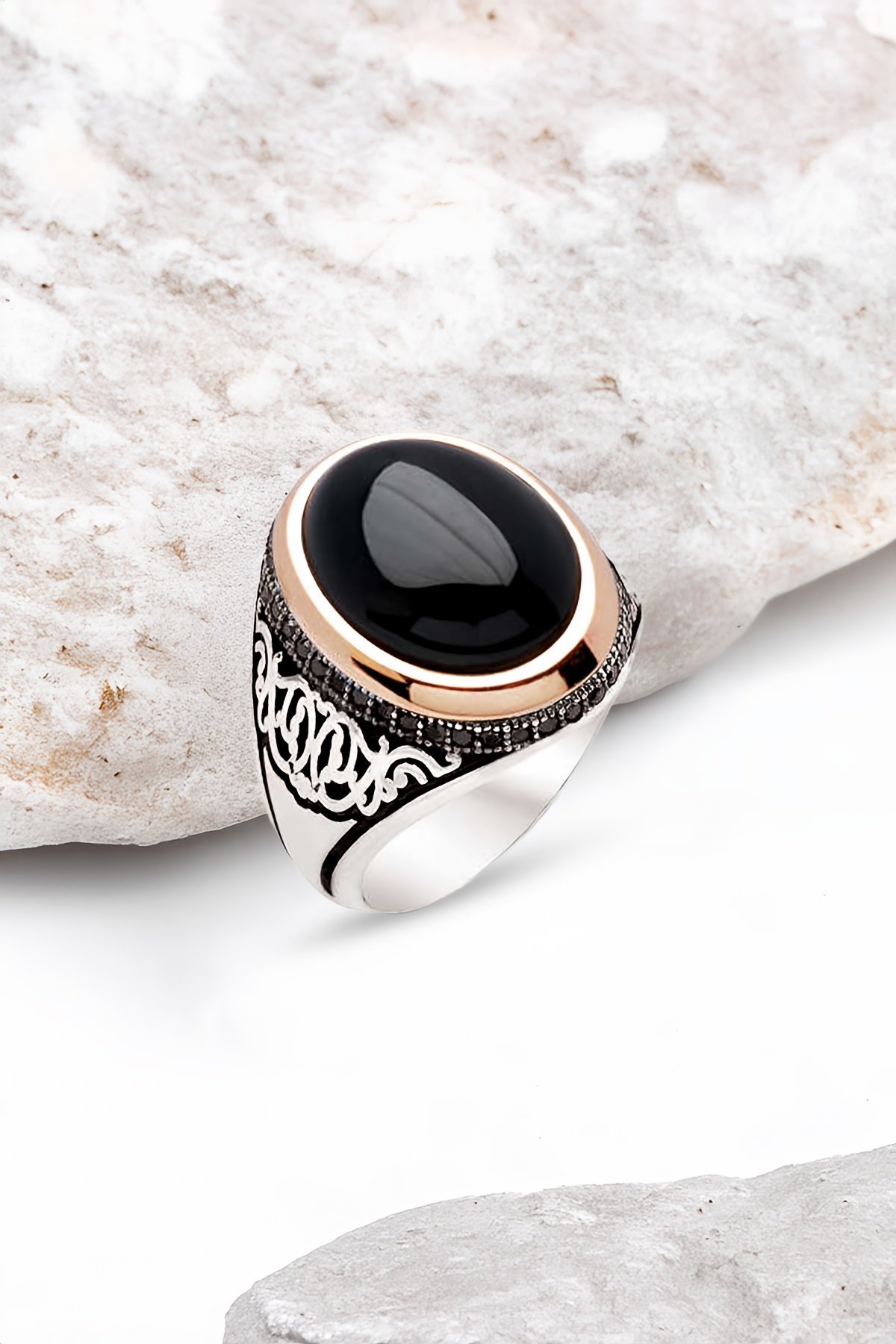 Gümüş Siyah Kapşon Taşlı Erkek Yüzük