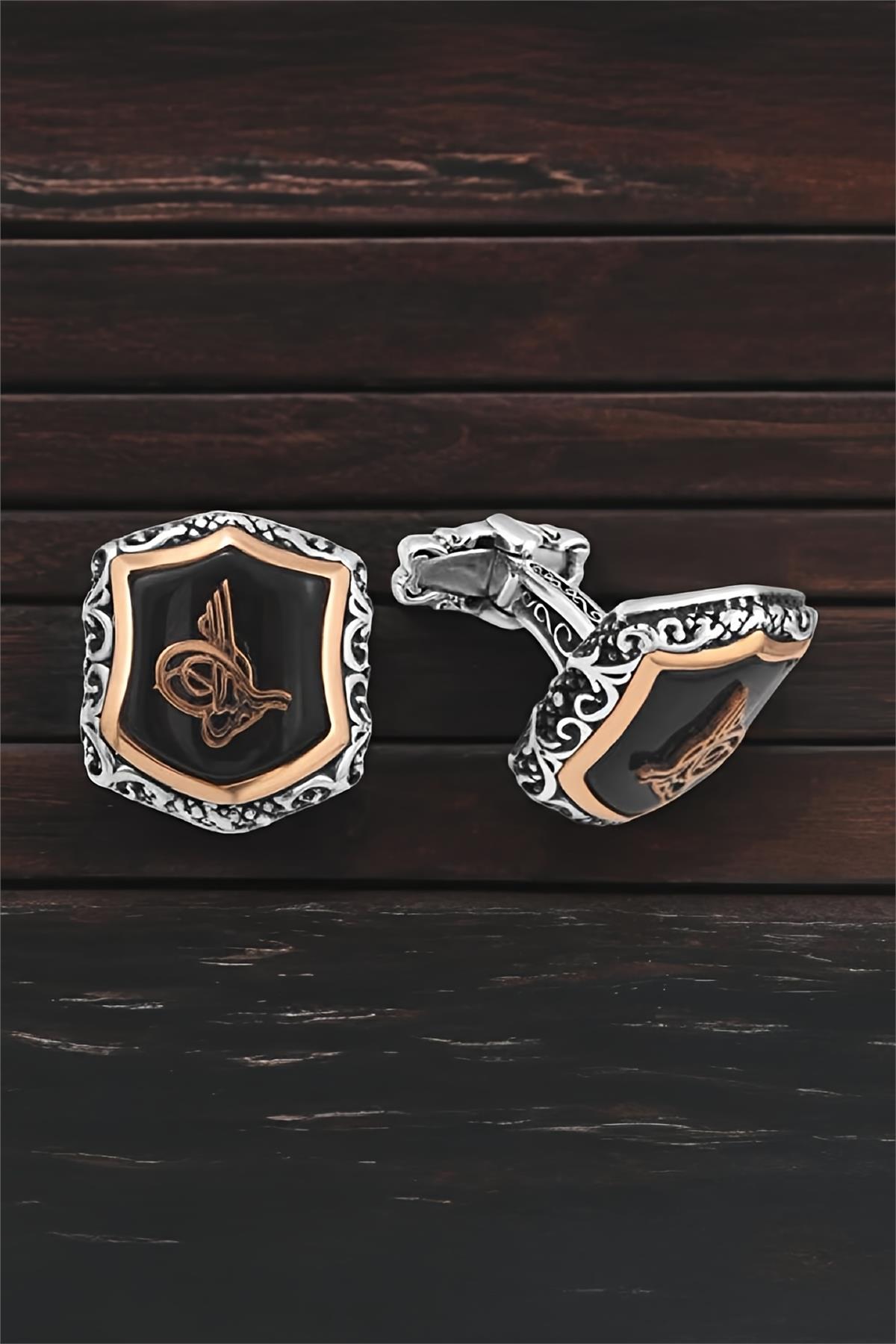 Gümüş Siyah Onix Taşlı Osmanlı Tuğralı Kol Düğmesi