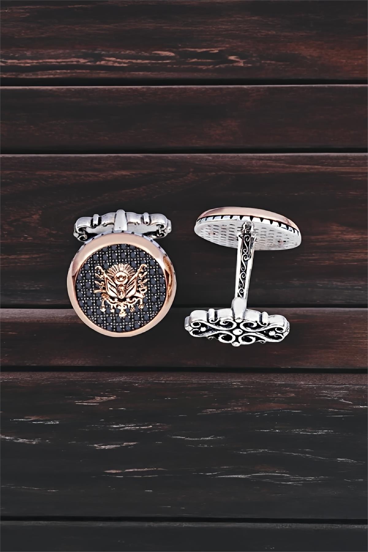 Gümüş Siyah Zirkon Taşlı Osmanlı Armalı Yuvarlak Kol Düğmesi