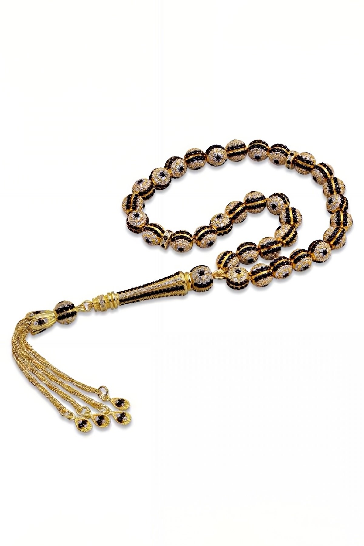 Gümüş Siyah Zirkon Taşlı Su Damlası Püsküllü Tesbih