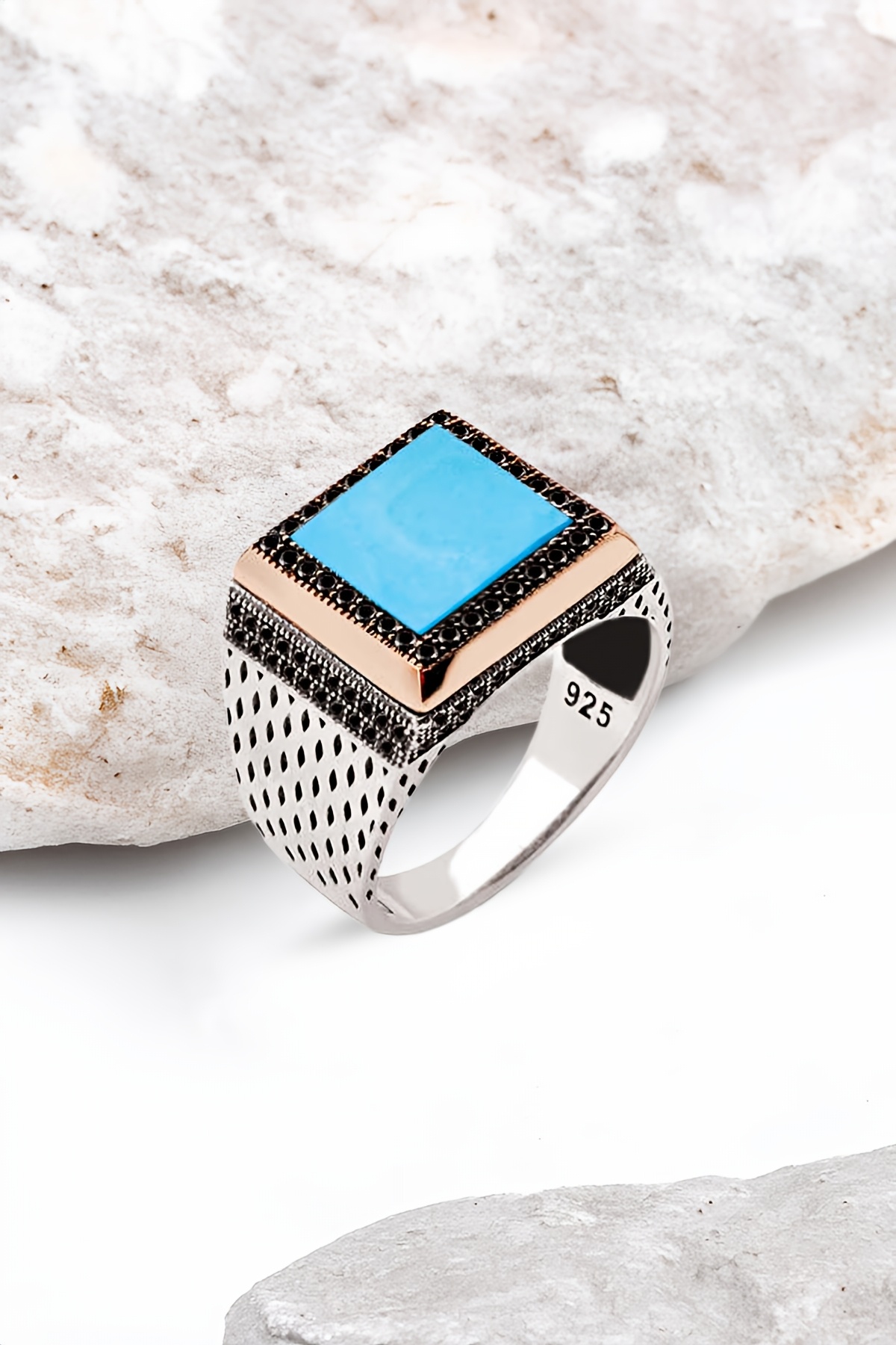 Gümüş Turkuaz Taşlı Süslemeli Kare Model Erkek Yüzük
