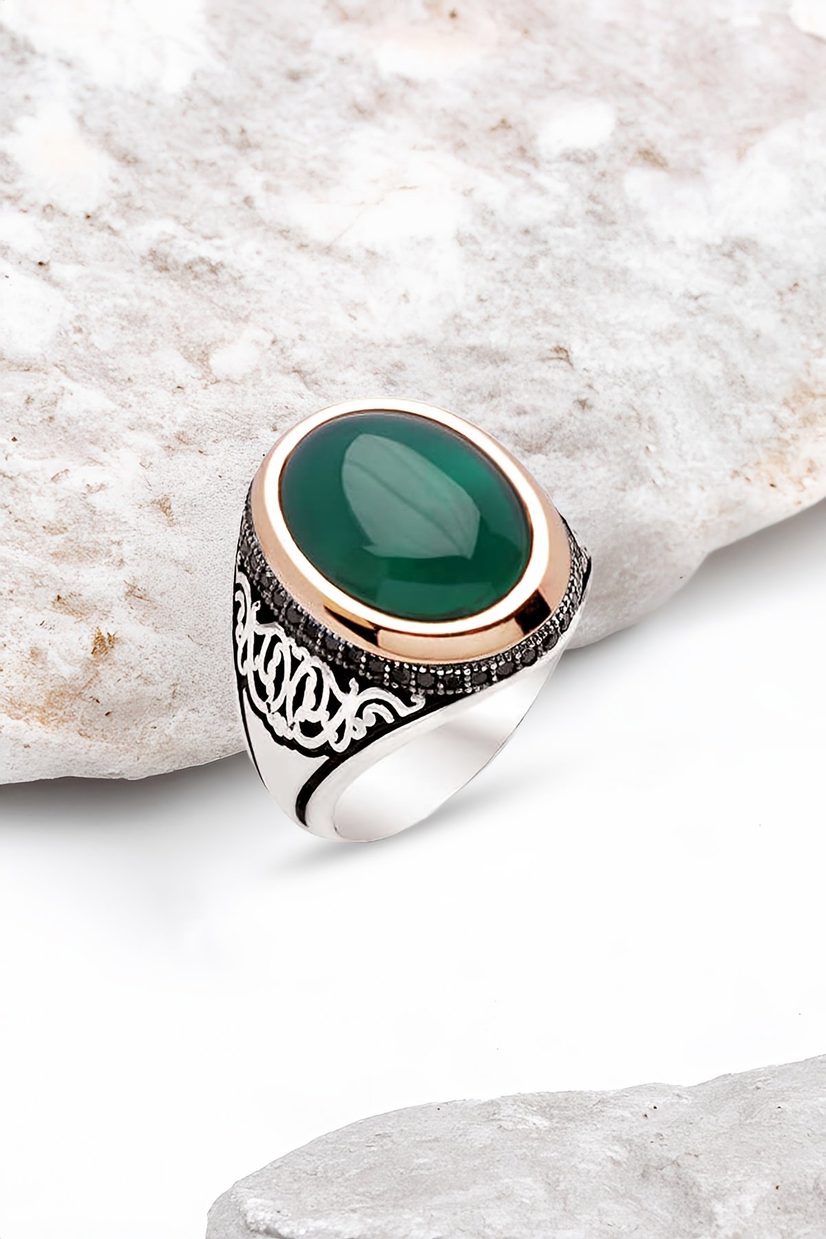 Gümüş Yeşi Akik Kapşon Taşlı Erkek Yüzük