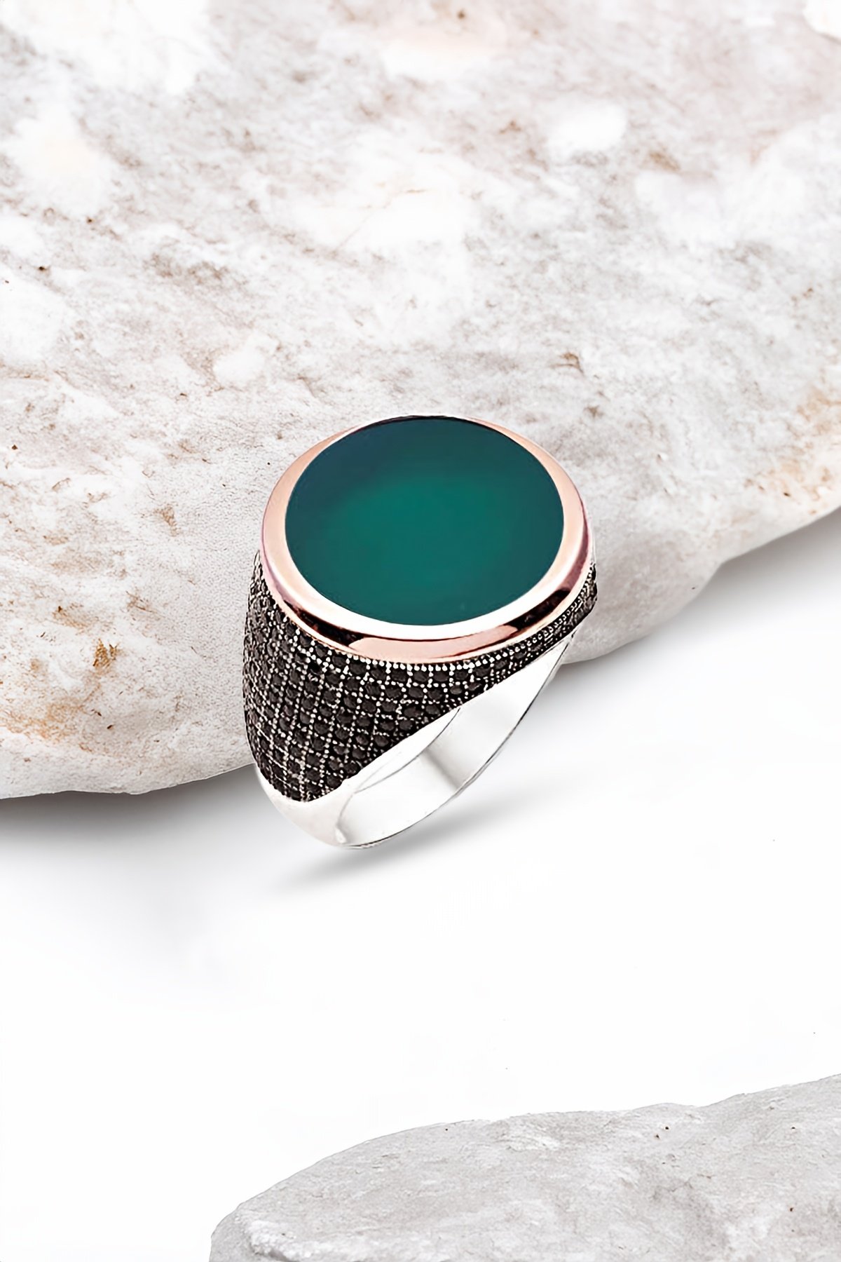 Gümüş Yeşil Akik Taşlı Erkek Yüzük