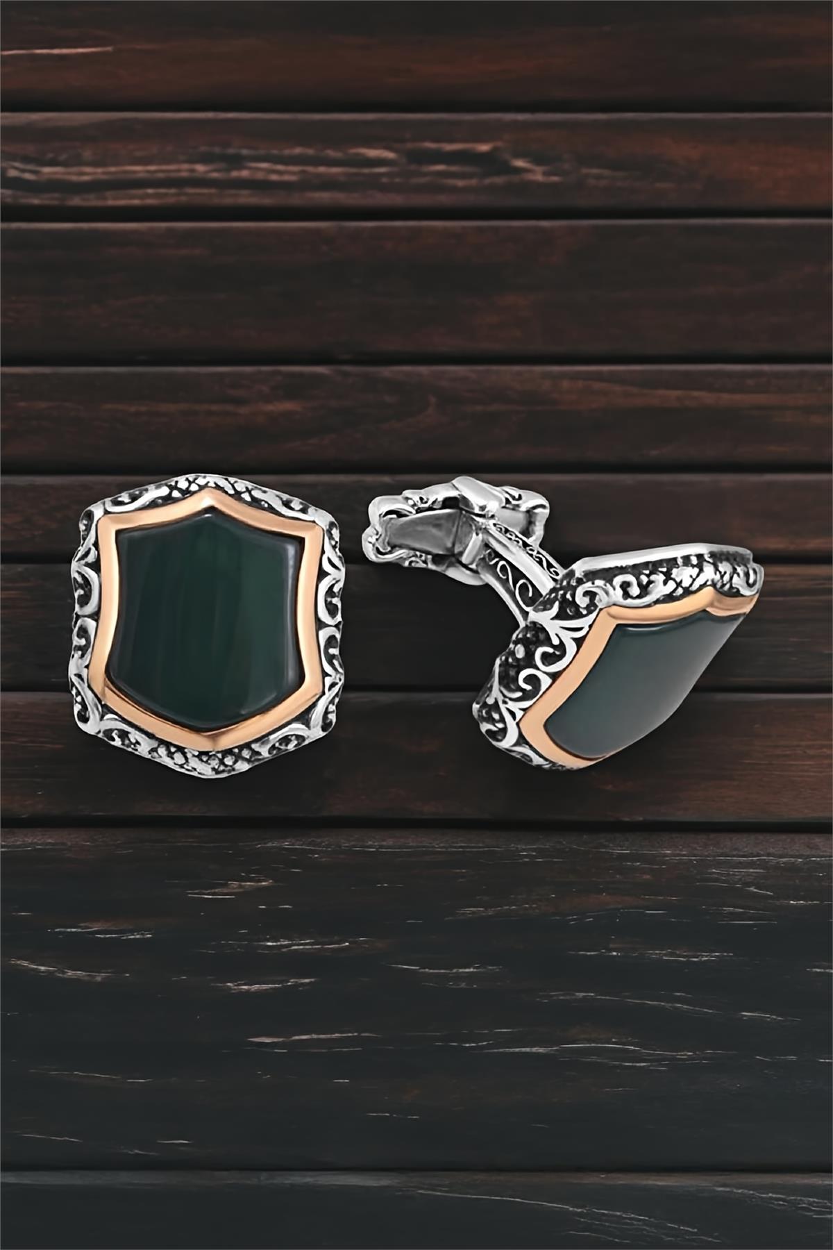 Gümüş Yeşil Akik Taşlı Kol Düğmesi