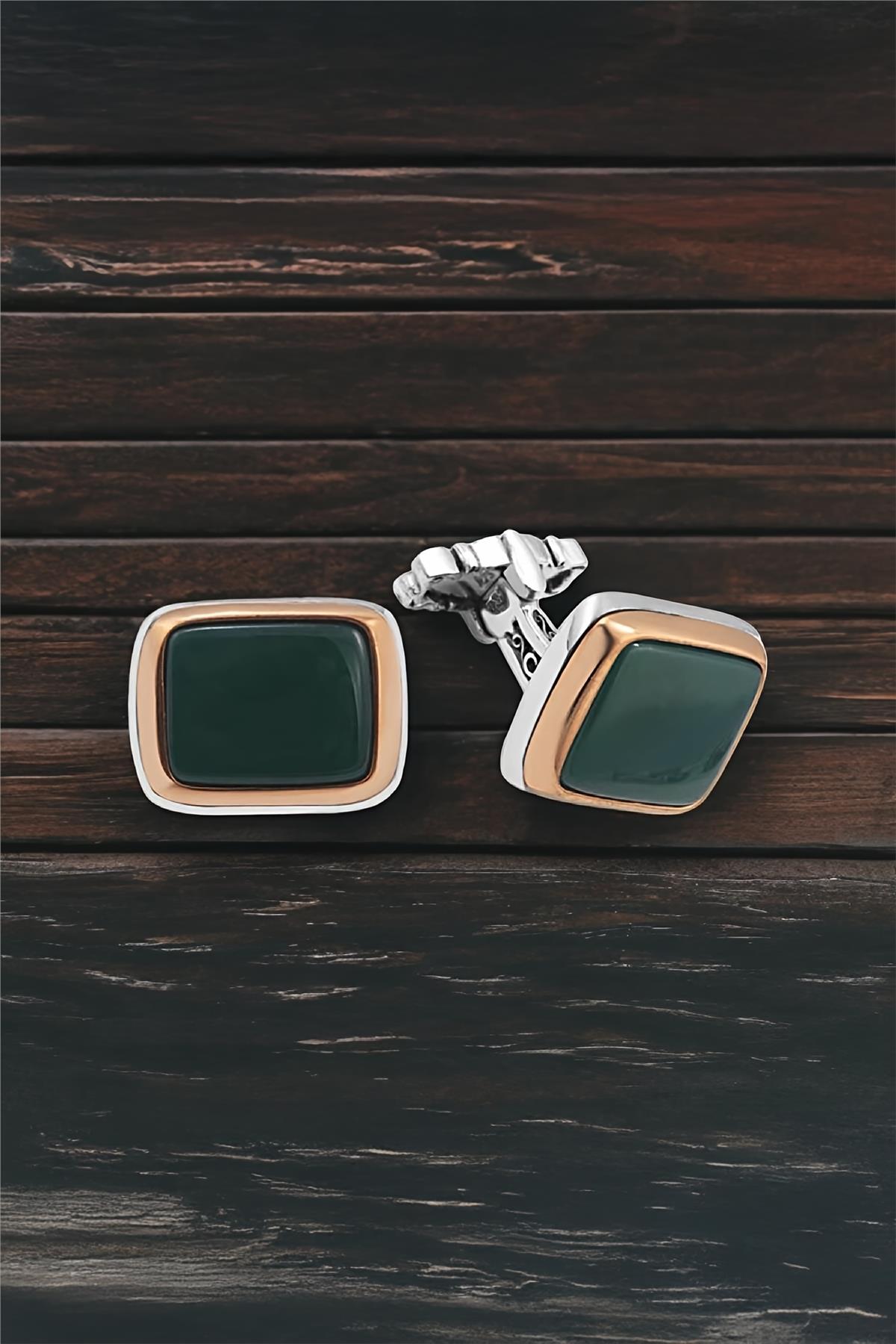 Gümüş Yeşil Akik Taşlı Kol Düğmesi