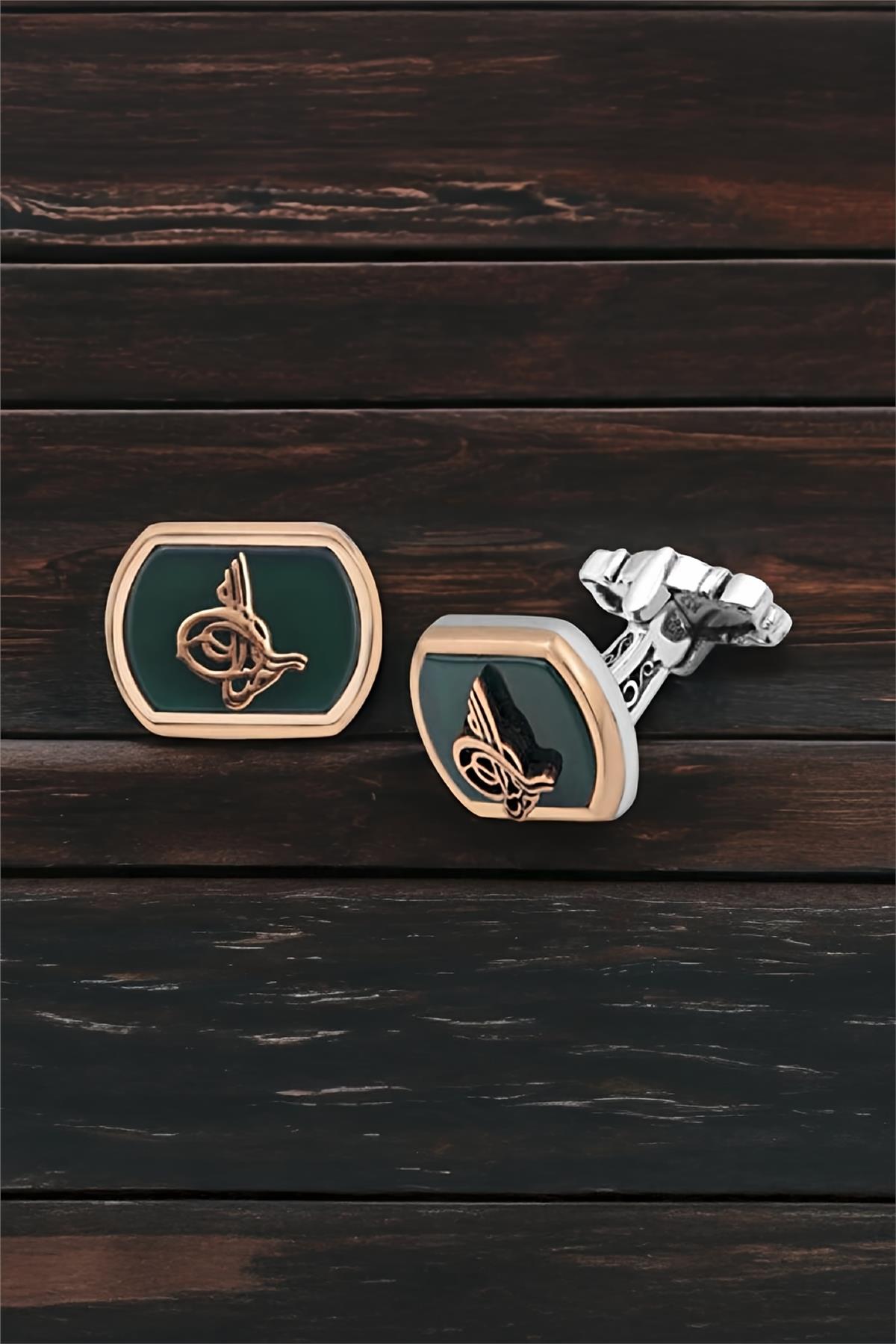 Gümüş Yeşil Akik Taşlı Osmanlı Tuğralı Kol Düğmesi