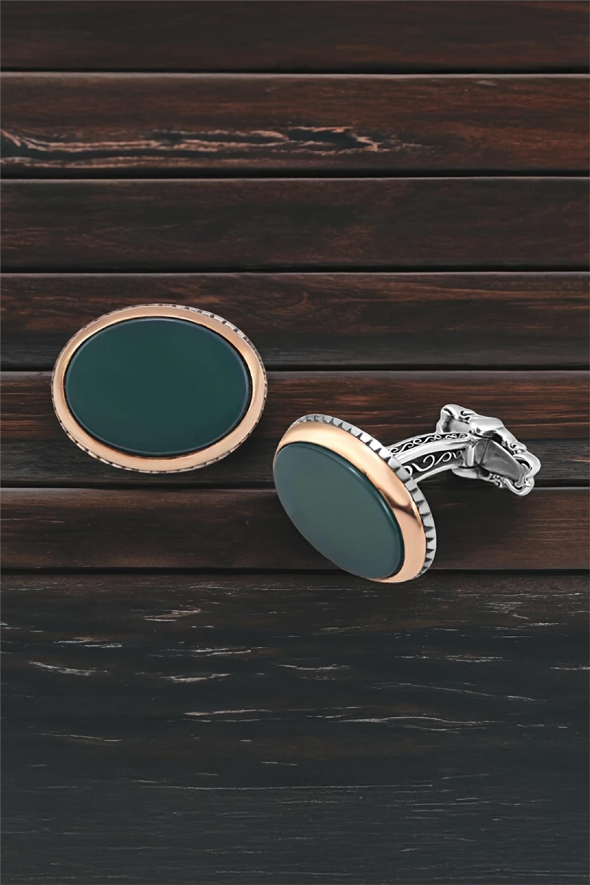 Gümüş Yeşil Akik Taşlı Oval Kol Düğmesi