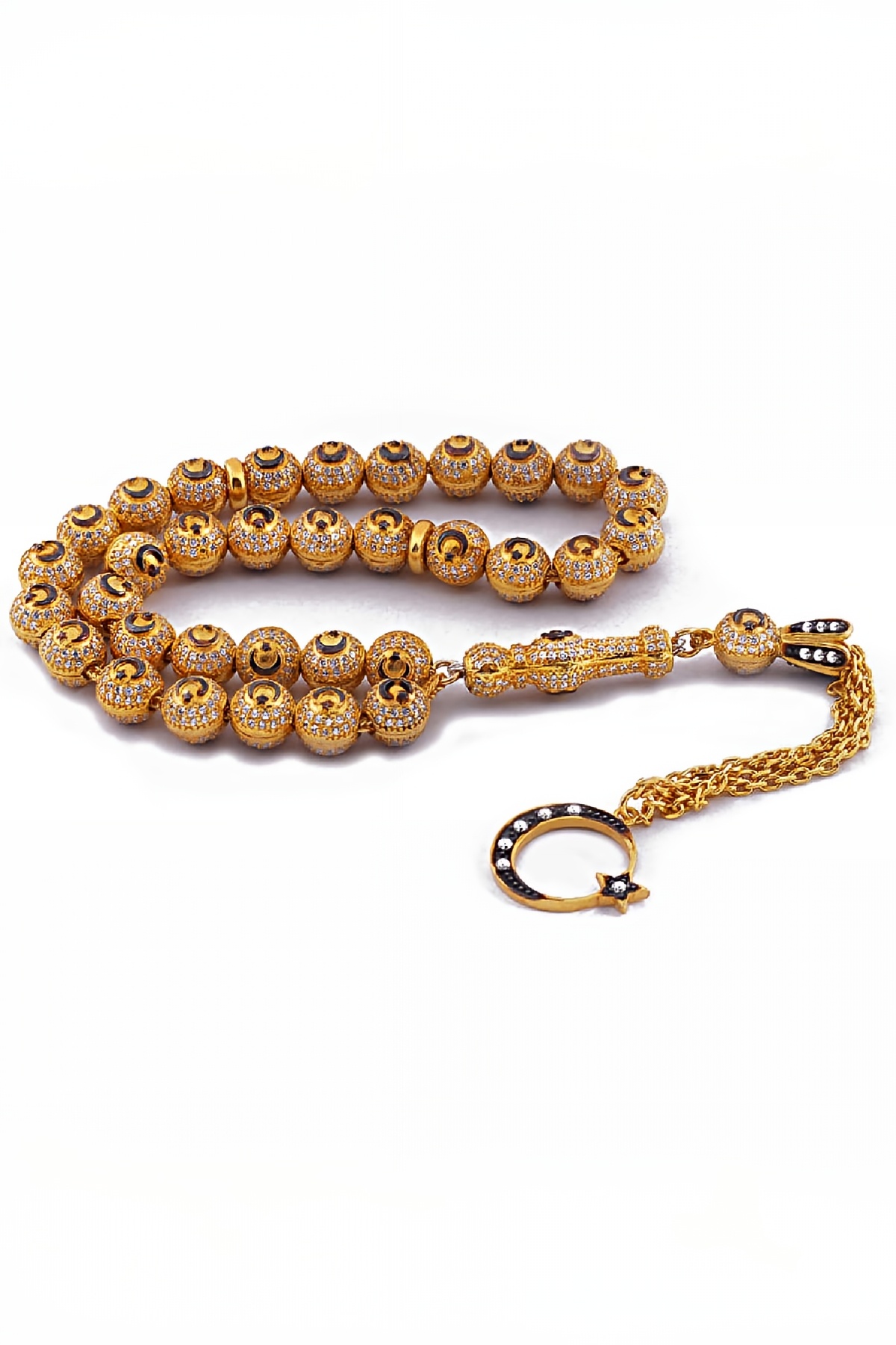 Gümüş Zirkon Taşlı Altın Sarısı Ay Yıldız Tane Püsküllü Tesbih